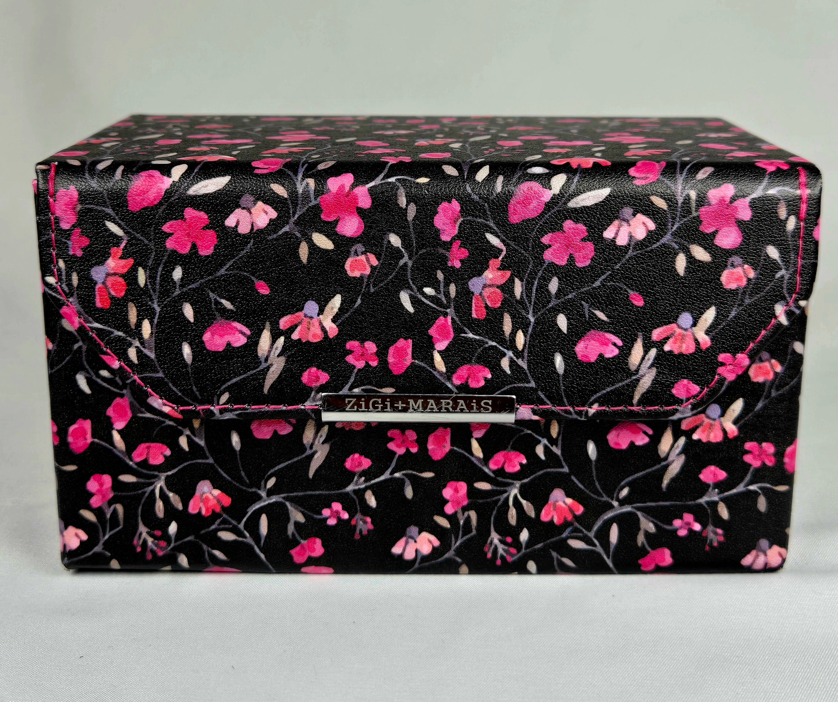Zigi + Marais Floral Hard Shell Eyeglass Case | Holds 4 Pairs | Hot Pink Velvet Interior