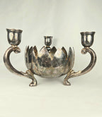 Leonard Silver Plate Lotus Candle Holder Centerpiece | Vintage Triple Arm Candelabra Bowl