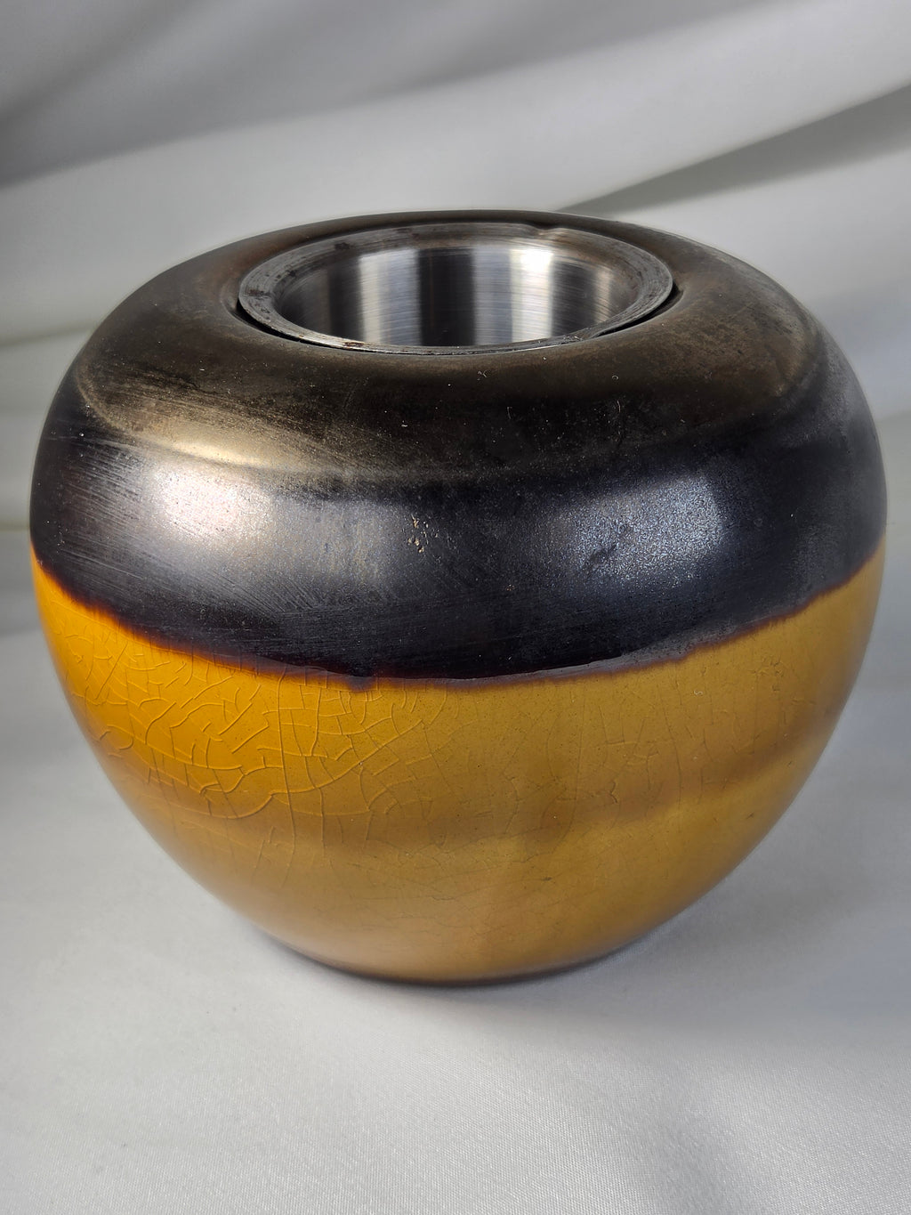 Crackle Glaze Ceramic Vessel with Removable Metal Insert Firepot
