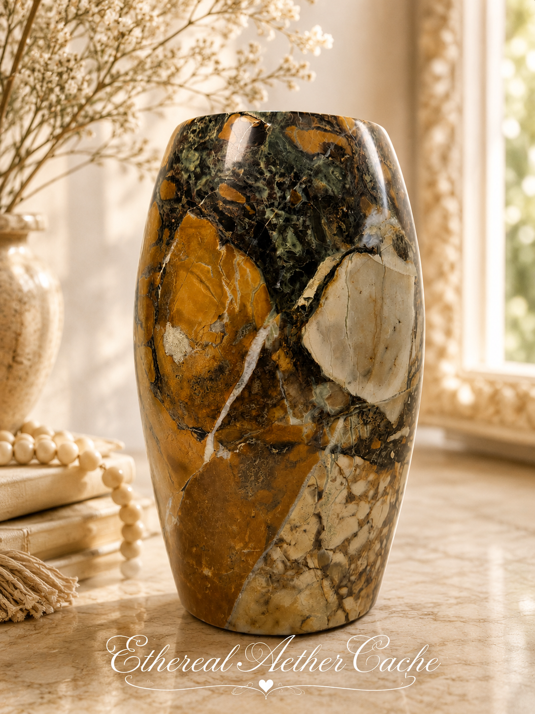 Vintage Polished Natural Stone Vase 6.5" Heavy Brecciated Jasper Marble Decor - Ibis Jasper Style