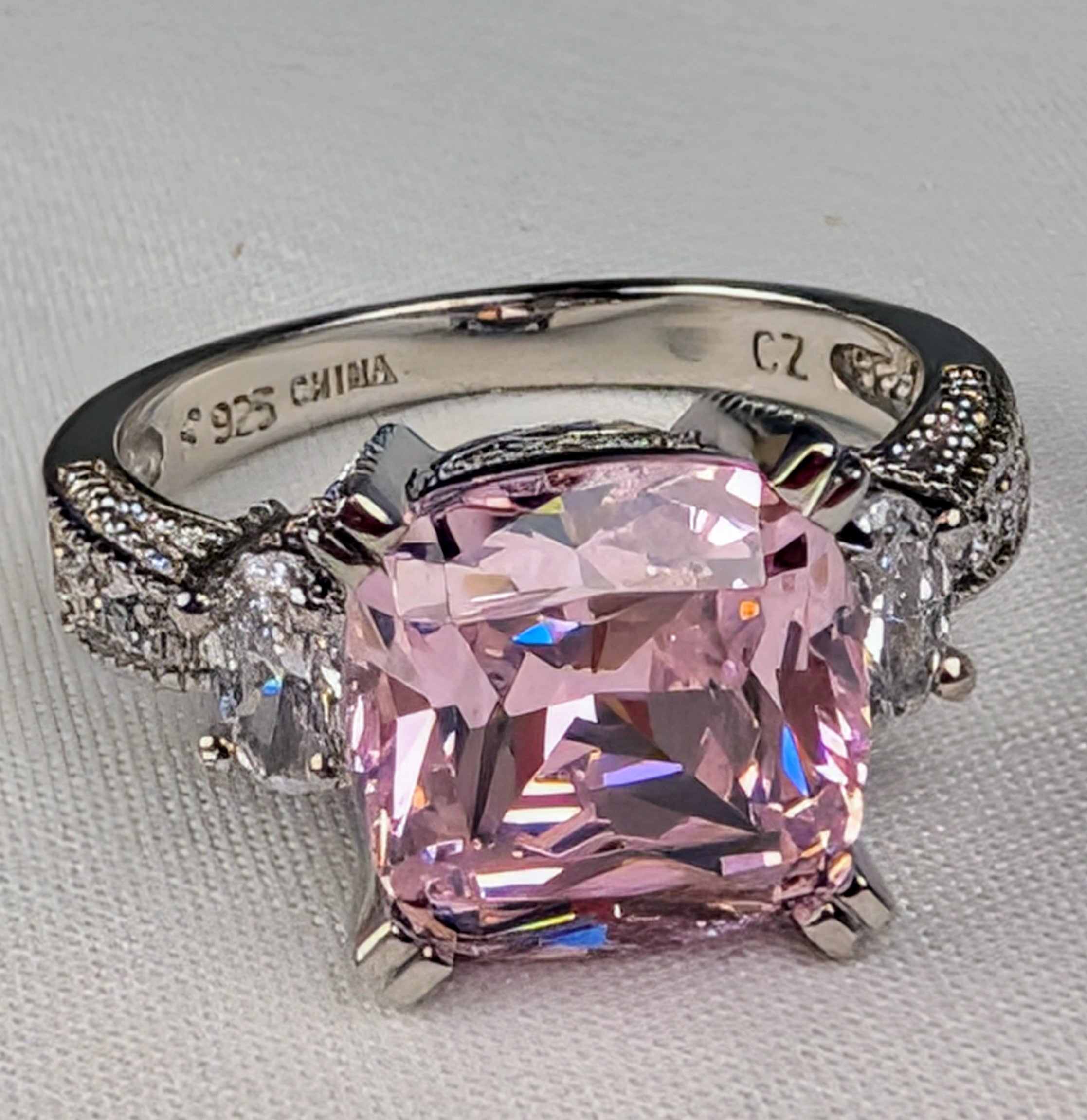 925 Sterling Silver Pink CZ Statement Ring Size 7 Vintage-Inspired Cocktail Ring