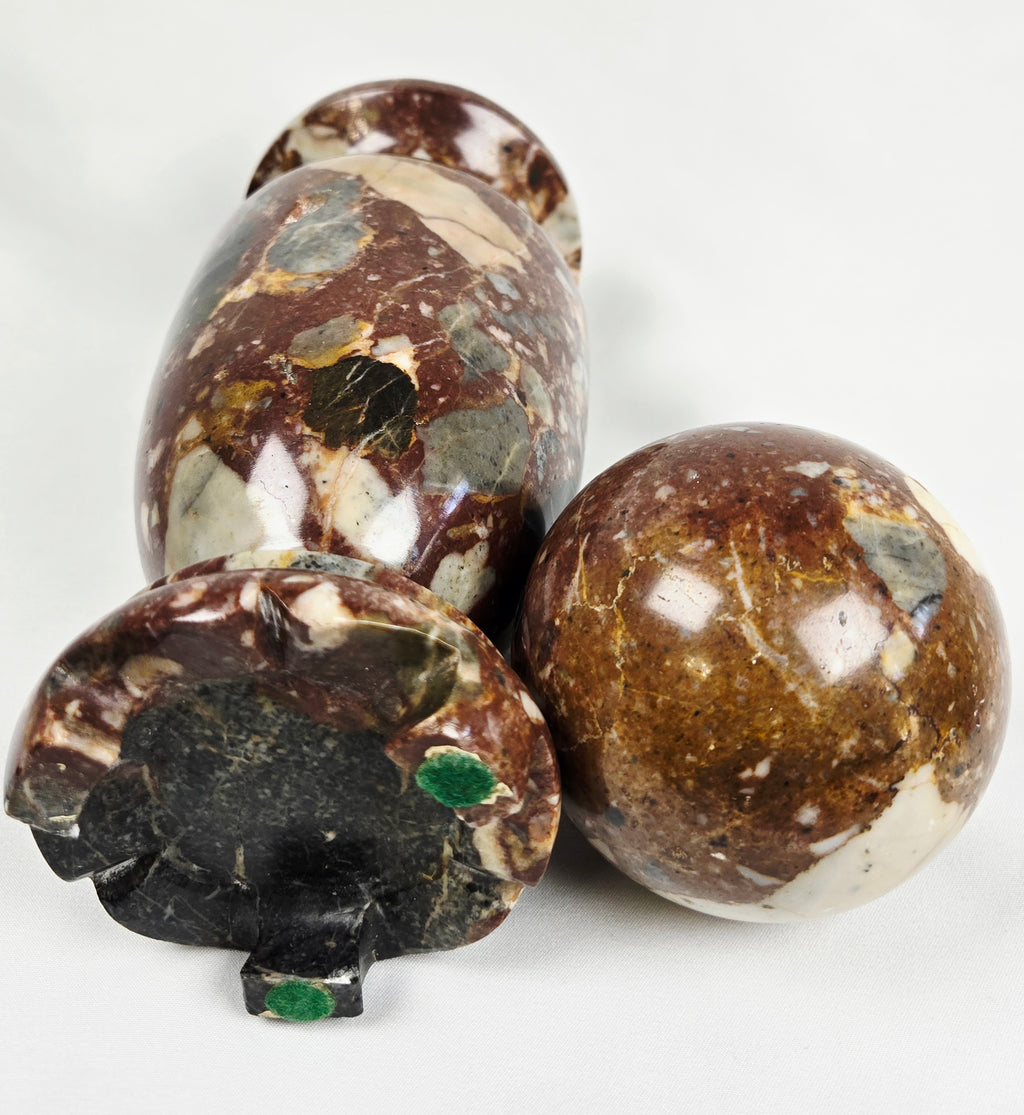 Vintage Brecciated Stone Decorative Vessel with Orb Finial Lid – 10” Tall, Heavy Stone Decor