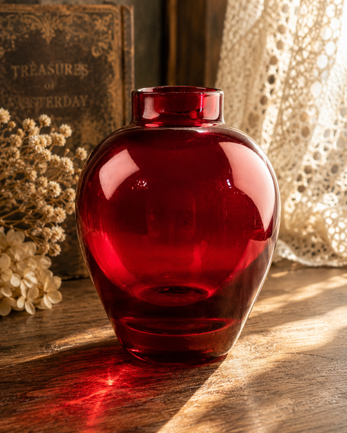 Vintage Ruby Red Art Glass Bud Vase Heavy Blown Glass Cranberry Display