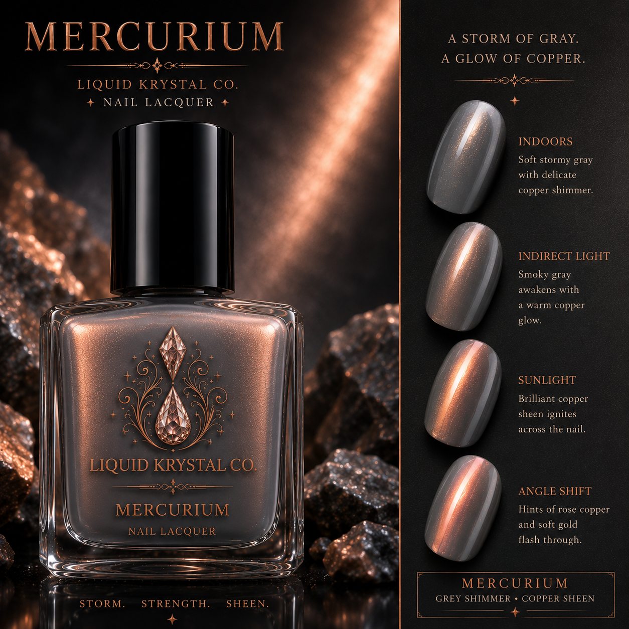 MERCURIUM PROTOTYPE 2027 DISPLAY | NOT FOR SALE | Storm Gray & Copper Sheen Nail Lacquer Concept | Liquid Krystal Co.