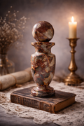 Decorative stone urn on an old book with a candle in the background
