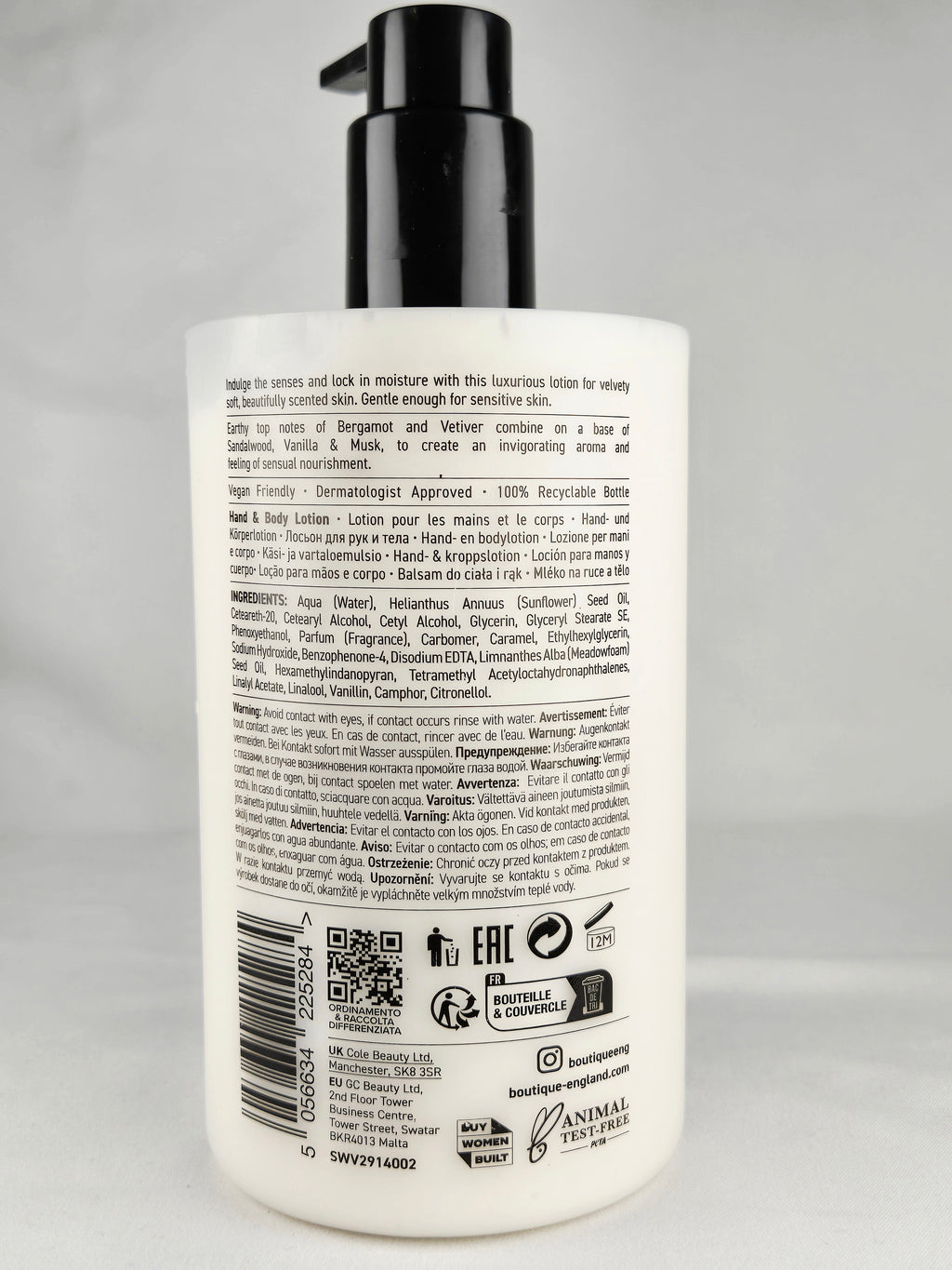 Boutique Made in England Sandalwood & Vetiver Hand & Body Lotion 500mL | Natural Essential Oils Moisturizing Lotion