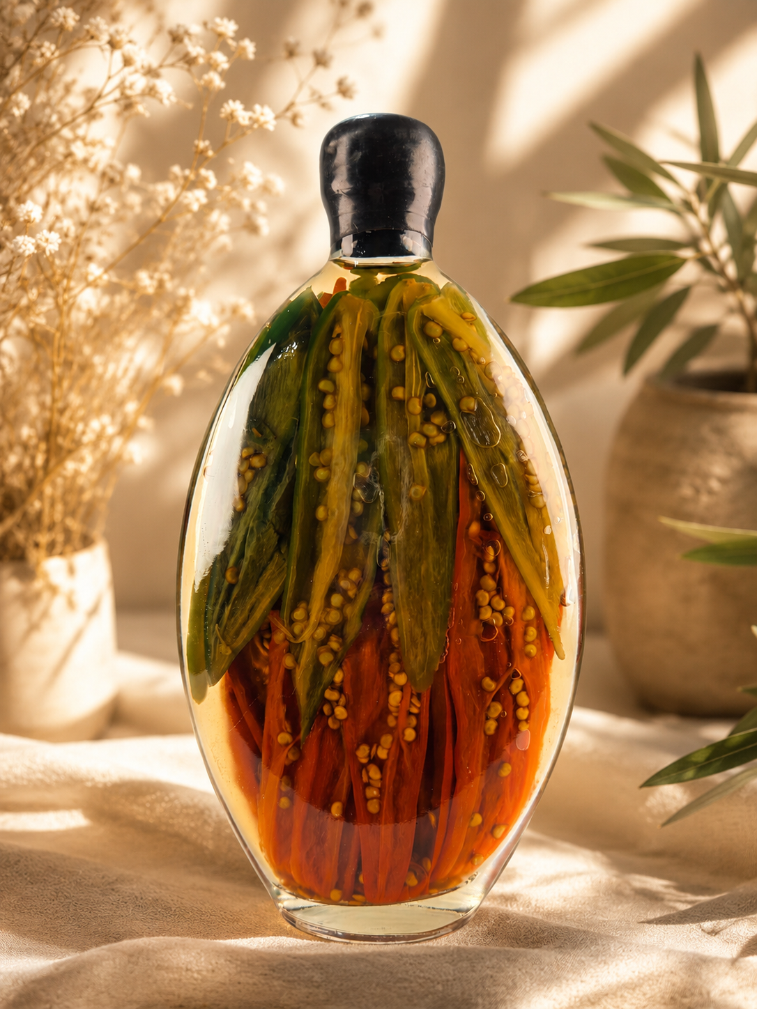 Vintage Decorative Pepper Bottle | Preserved Chili Peppers in Oil | Folk Art Kitchen Decor | 7.5" Glass Bottle