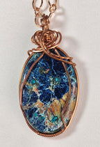 Shattuckite Azurite Stone Wire-Wrapped Pendant Necklace – Copper-Tone Chain – Blue Statement Jewelry