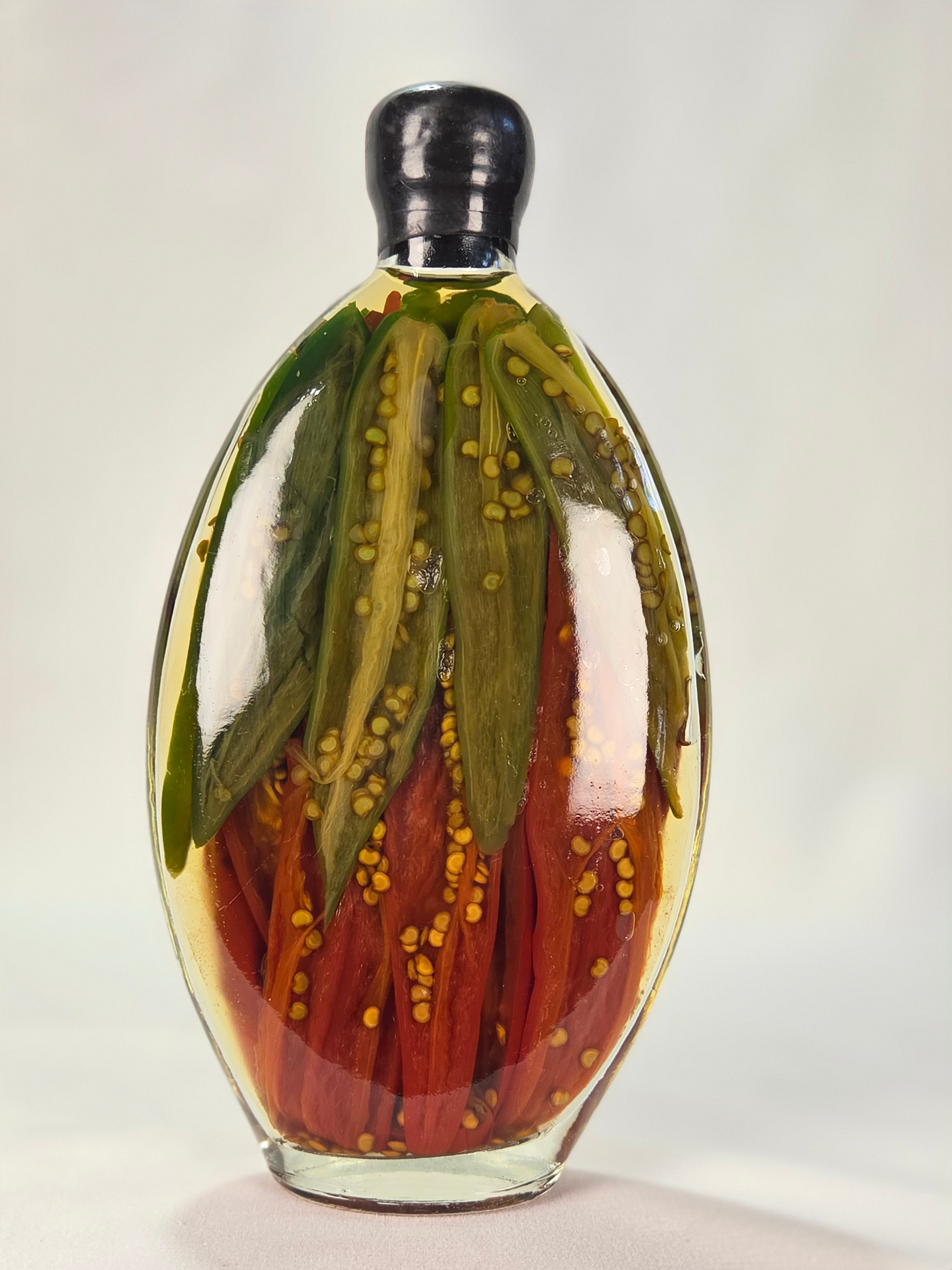 Vintage Decorative Pepper Bottle | Preserved Chili Peppers in Oil | Folk Art Kitchen Decor | 7.5" Glass Bottle