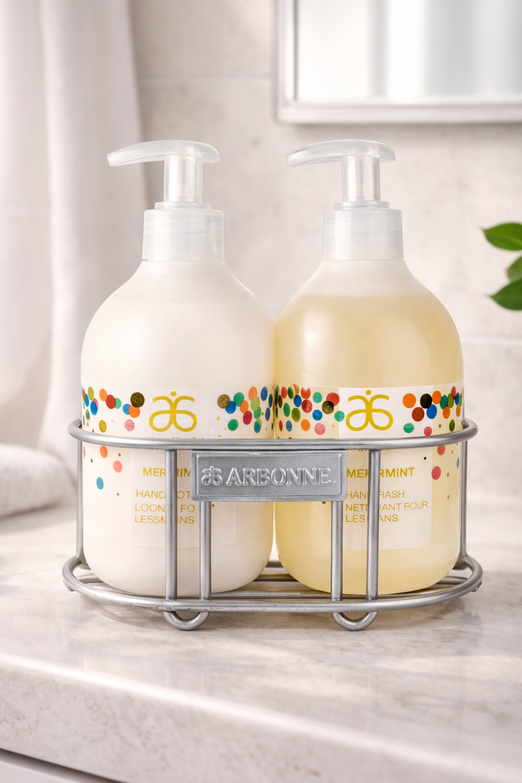 Arbonne MerryMint Hand Wash & Hand Lotion Set with Metal Caddy Holiday Edition Peppermint Duo
