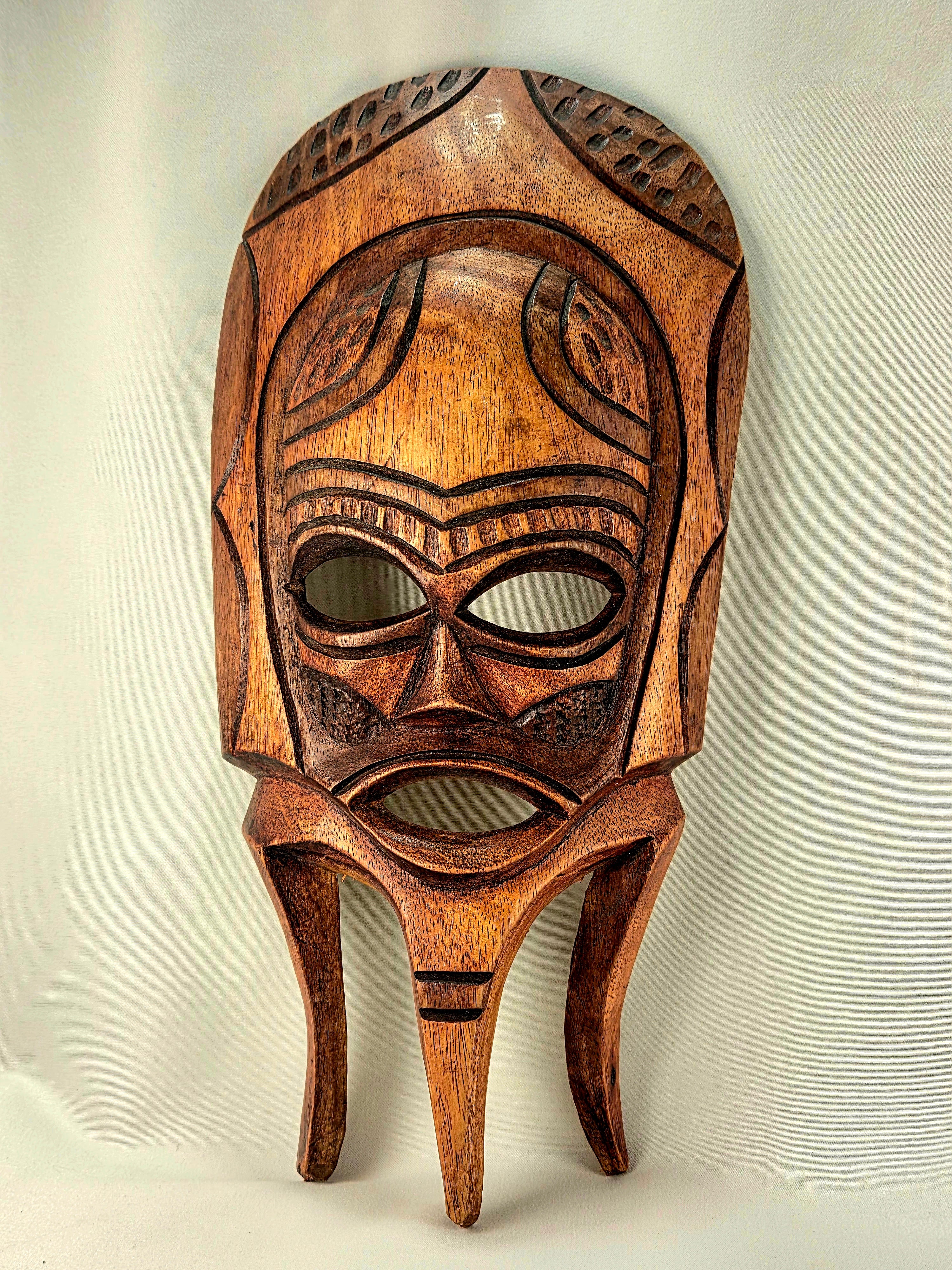 Hand Carved Wooden Tribal Wall Mask 14" Folk Art Decorative Wall Hanging Vintage