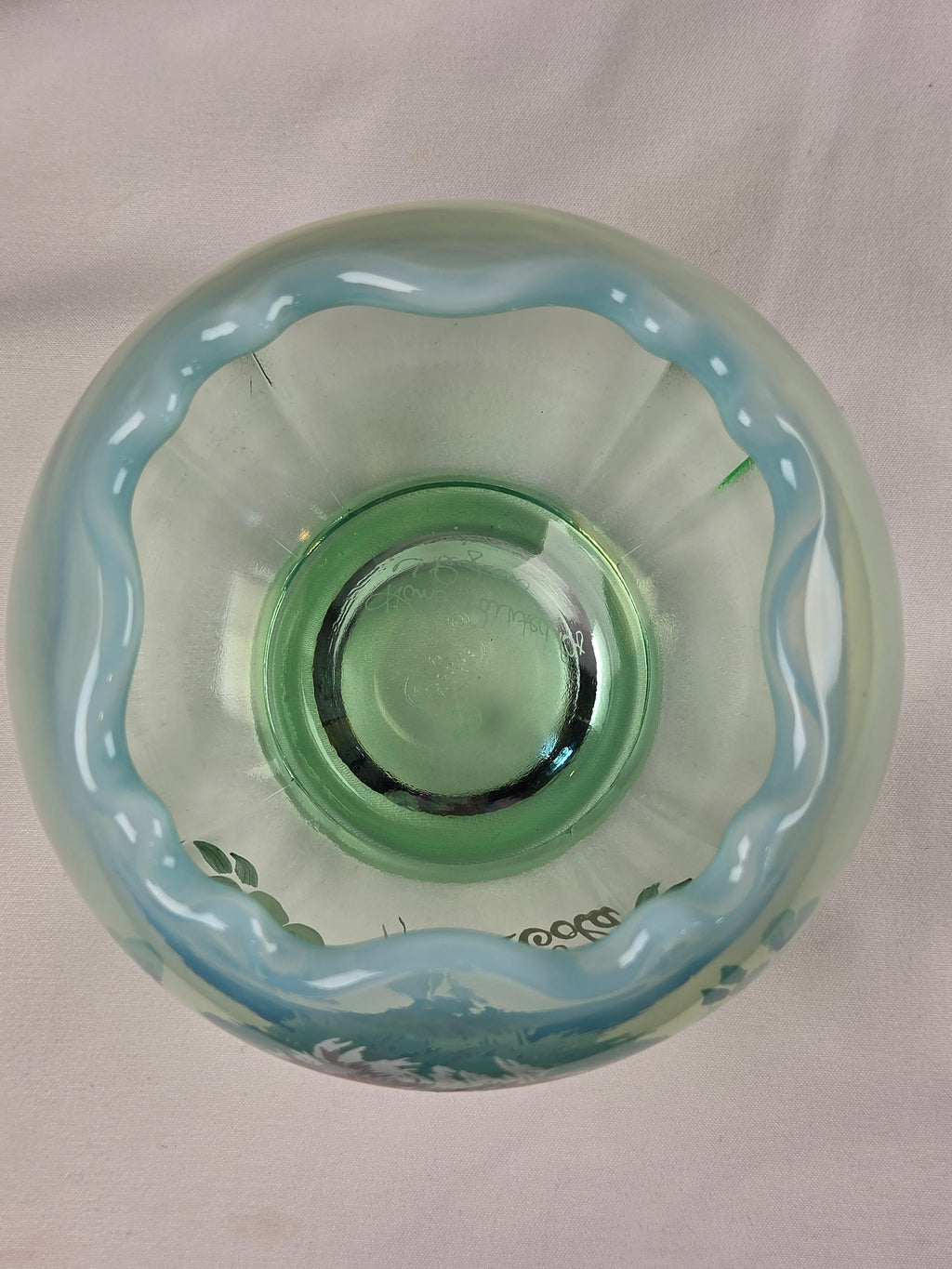Fenton Green Opalescent Coca-Cola Gibson Girl Hand-Painted Rose Bowl