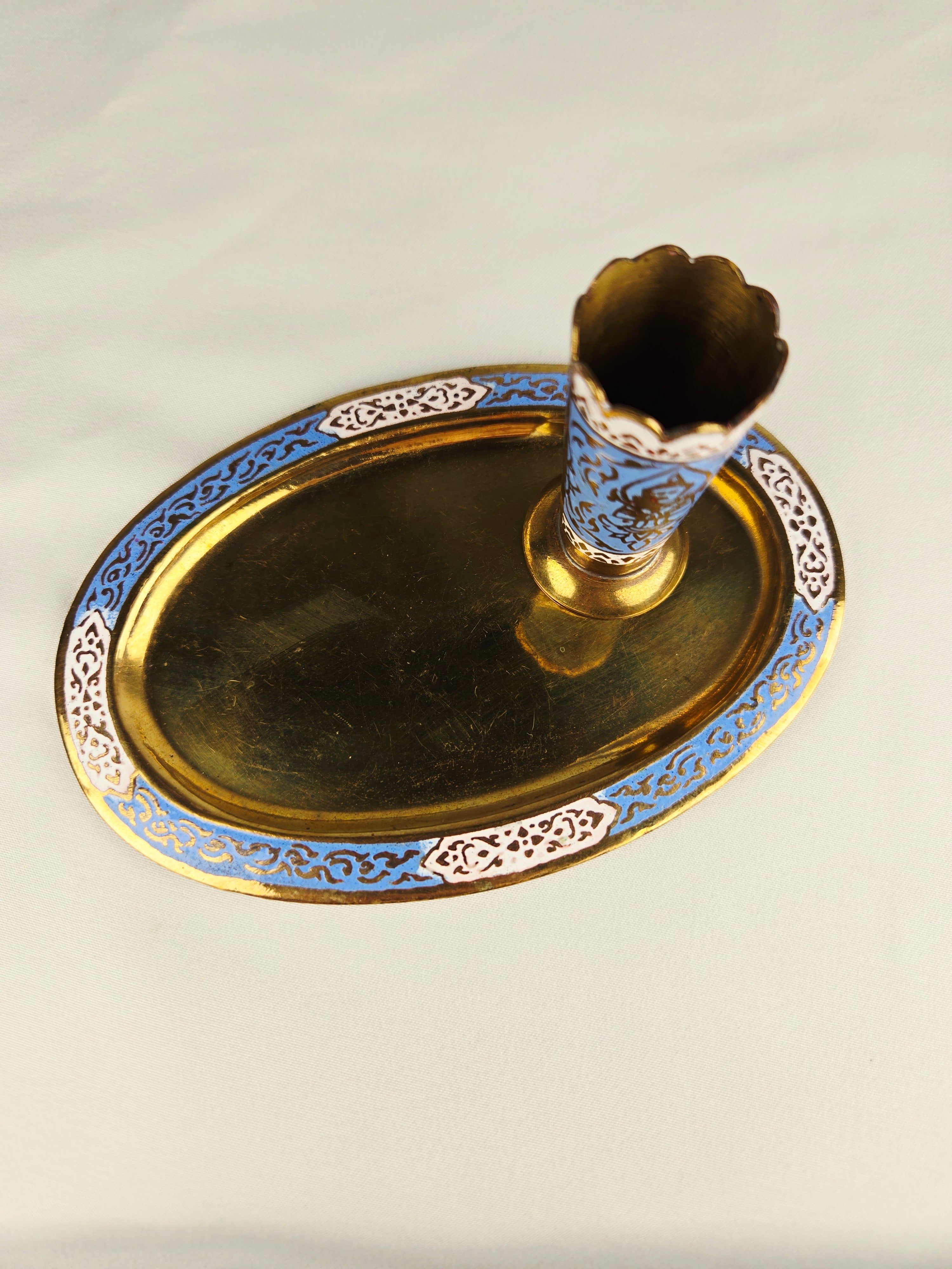 Thialand Blue Enamel & Brass Vintage Condiment Tray with Toothpick Holder – Mid-Century Salt & Pepper Set Base | Hollywood Regency Tableware