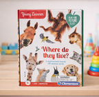 Educational game box with animal illustrations and Clementoni. Fun educational interactive learning game