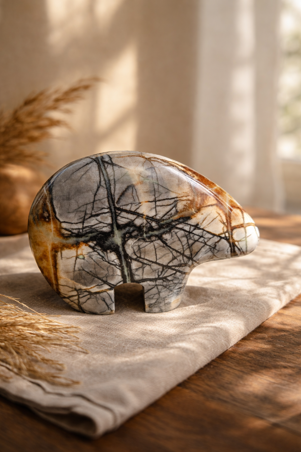 Picasso Jasper Zuni Bear Carving Sculpture – Natural Stone Animal Figurine, Earth Tone Home Decor, Rustic Boho Accent XL
