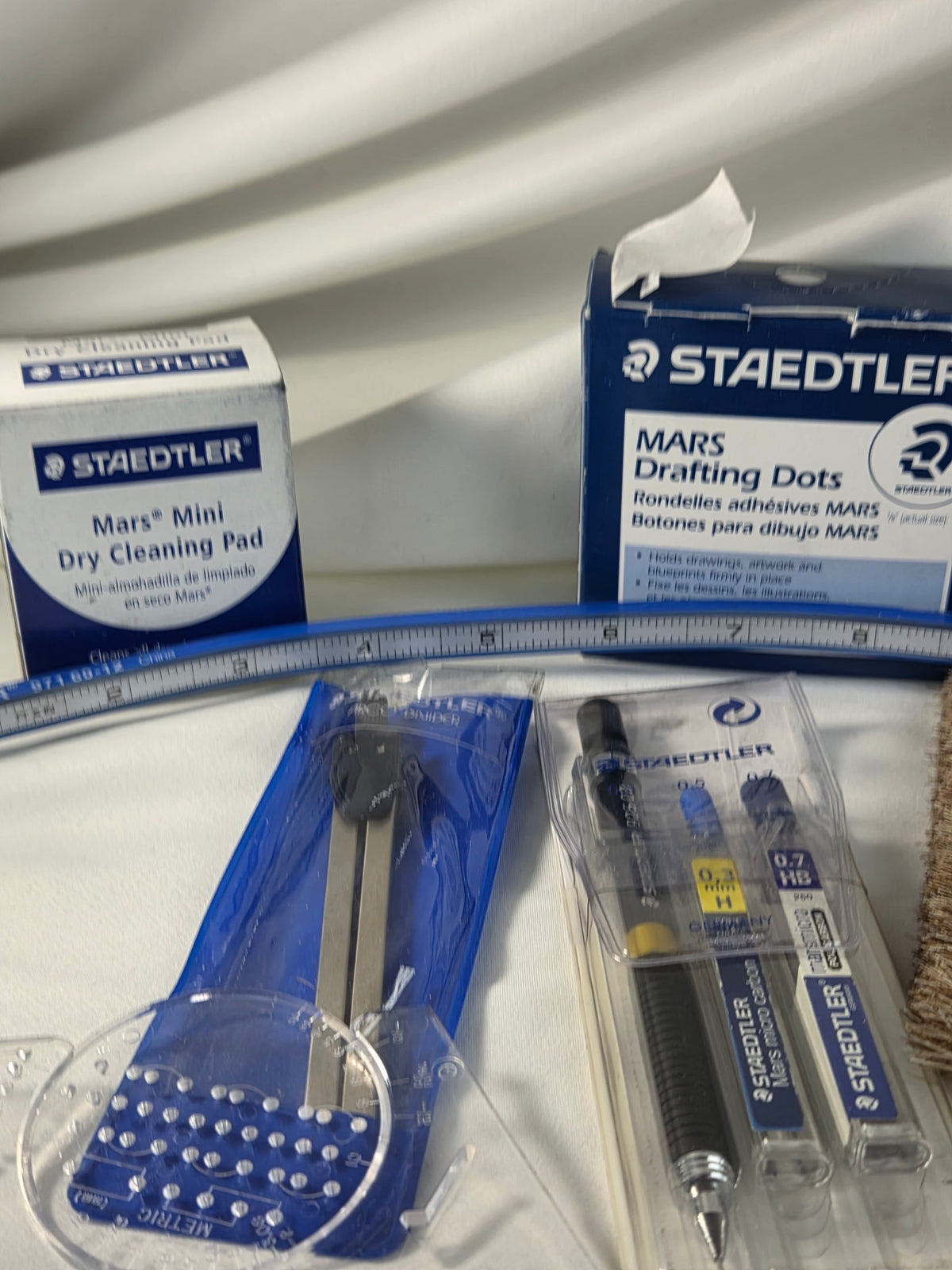 STAEDTLER Vintage Drafting & Drawing Tool Lot – Mars Cleaning Pad, Drafting Dots, Divider, Leads, Brush & More