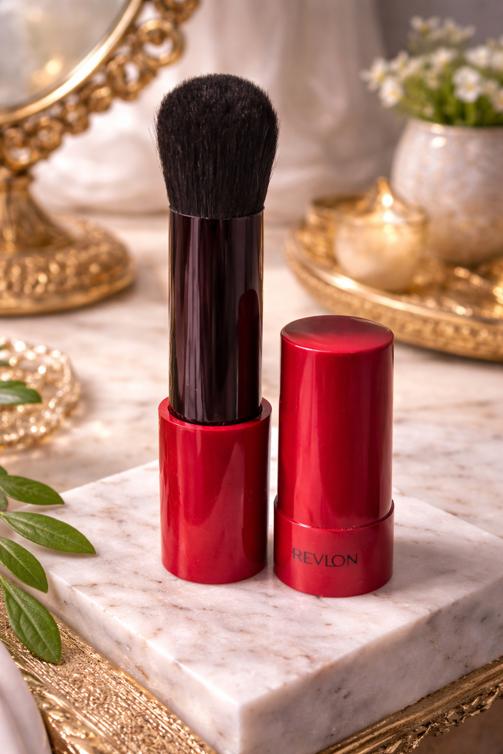 Revlon Retractable Powder Brush Travel Makeup Brush Purse Size Portable Cosmetic Brush Red