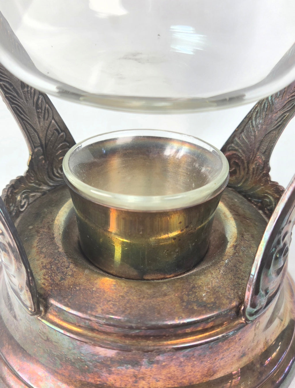 Vintage Silverplate & Glass Carafe with Warmer Base, Ornate Unmarked Coffee Tea Server, Art Deco Style Decorative Ewer