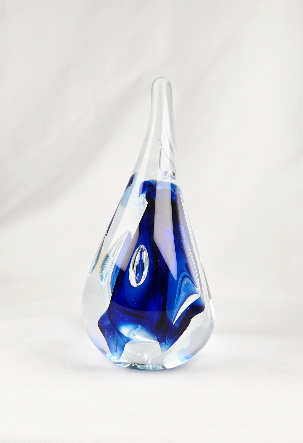 Signed AJ Blue Art Glass Teardrop Paperweight — Cobalt Core Handblown Studio Glass Sculpture -6.5"