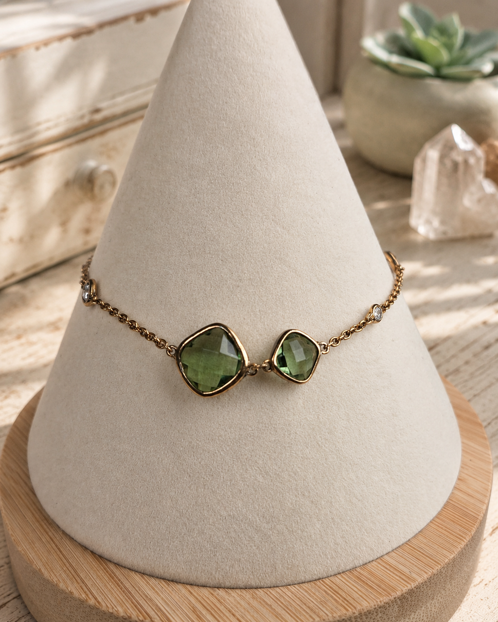 Crislu CC 925 Green Crystal Gold Vermeil Sterling Silver Station Bracelet
