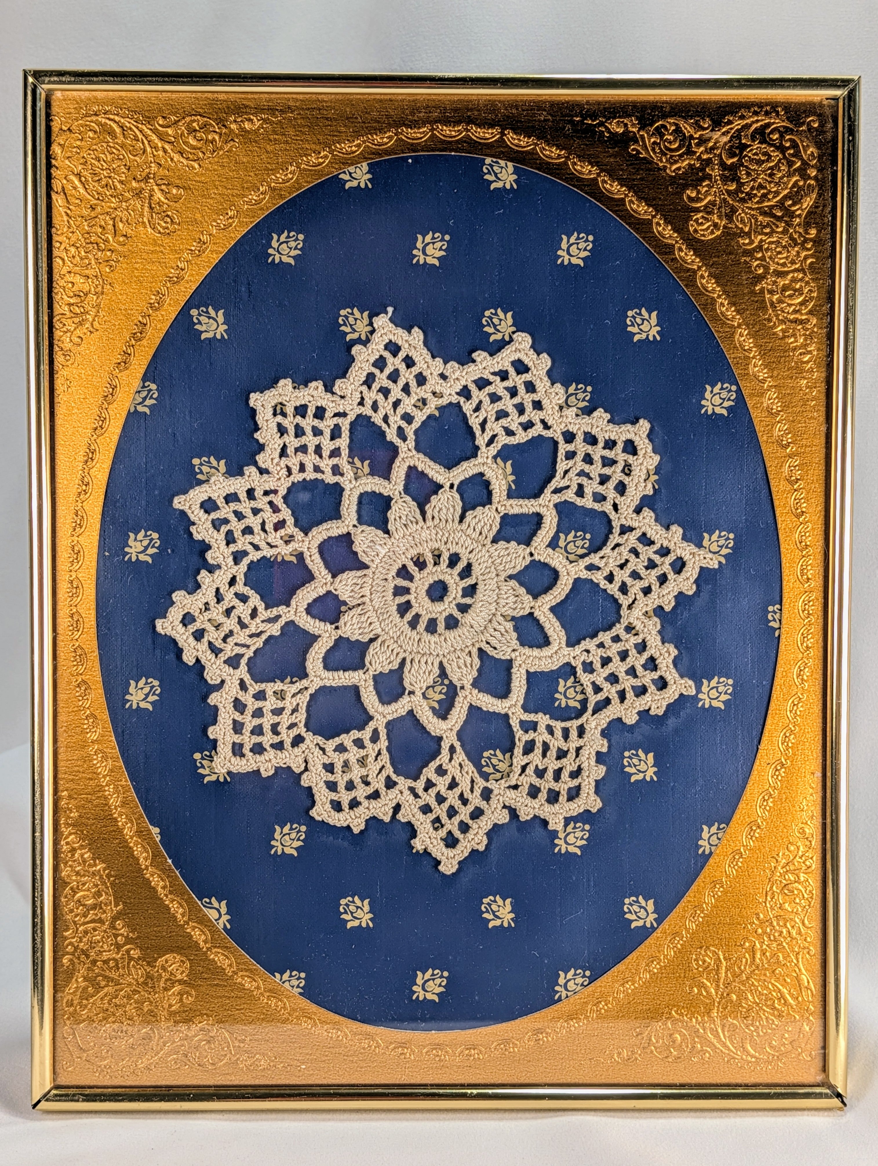 Vintage Framed Crochet Doily Wall Art Blue Gold Decorative Hanging Picture