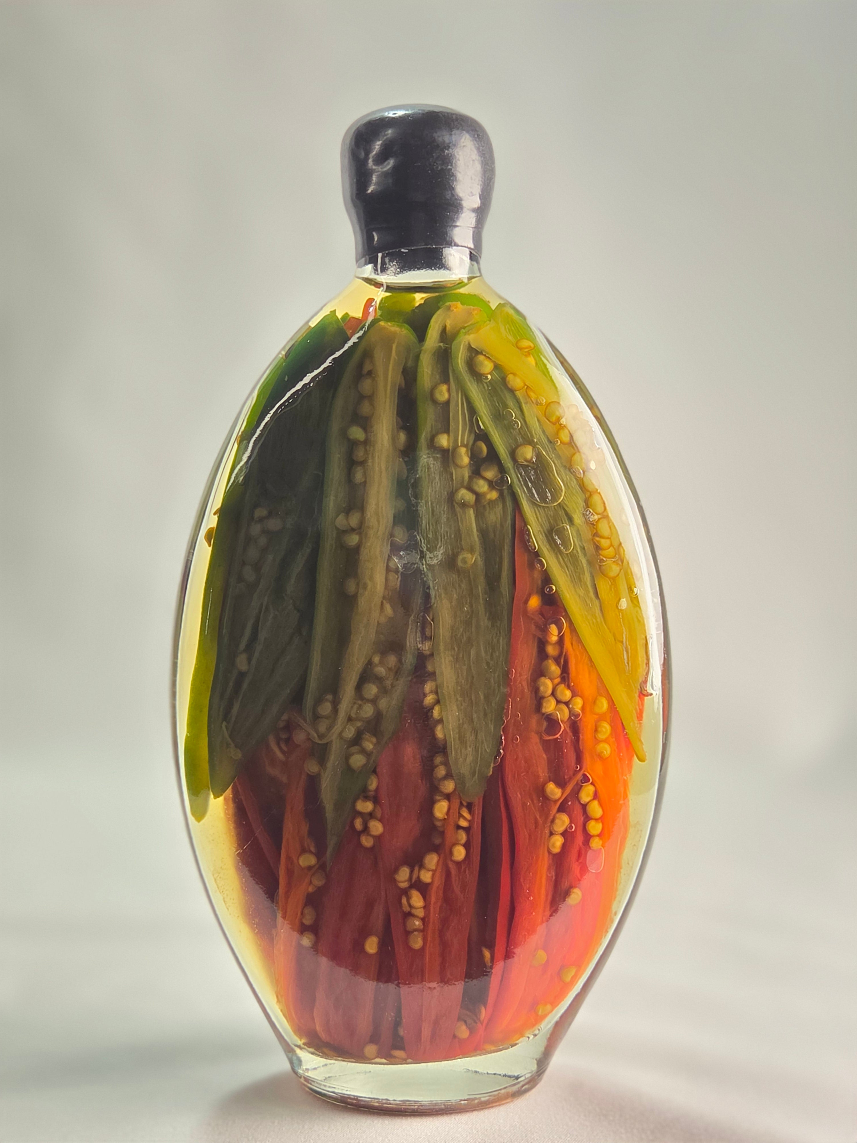 Vintage Decorative Pepper Bottle | Preserved Chili Peppers in Oil | Folk Art Kitchen Decor | 7.5" Glass Bottle
