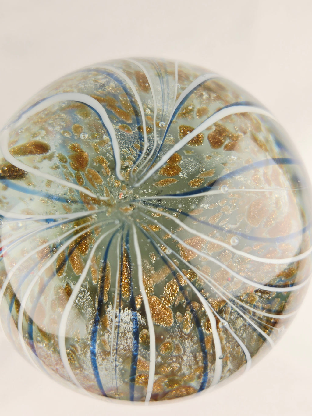 Handblown Art Glass Orb Paperweight — Blue Ribbon Swirl with Gold Fleck Interior