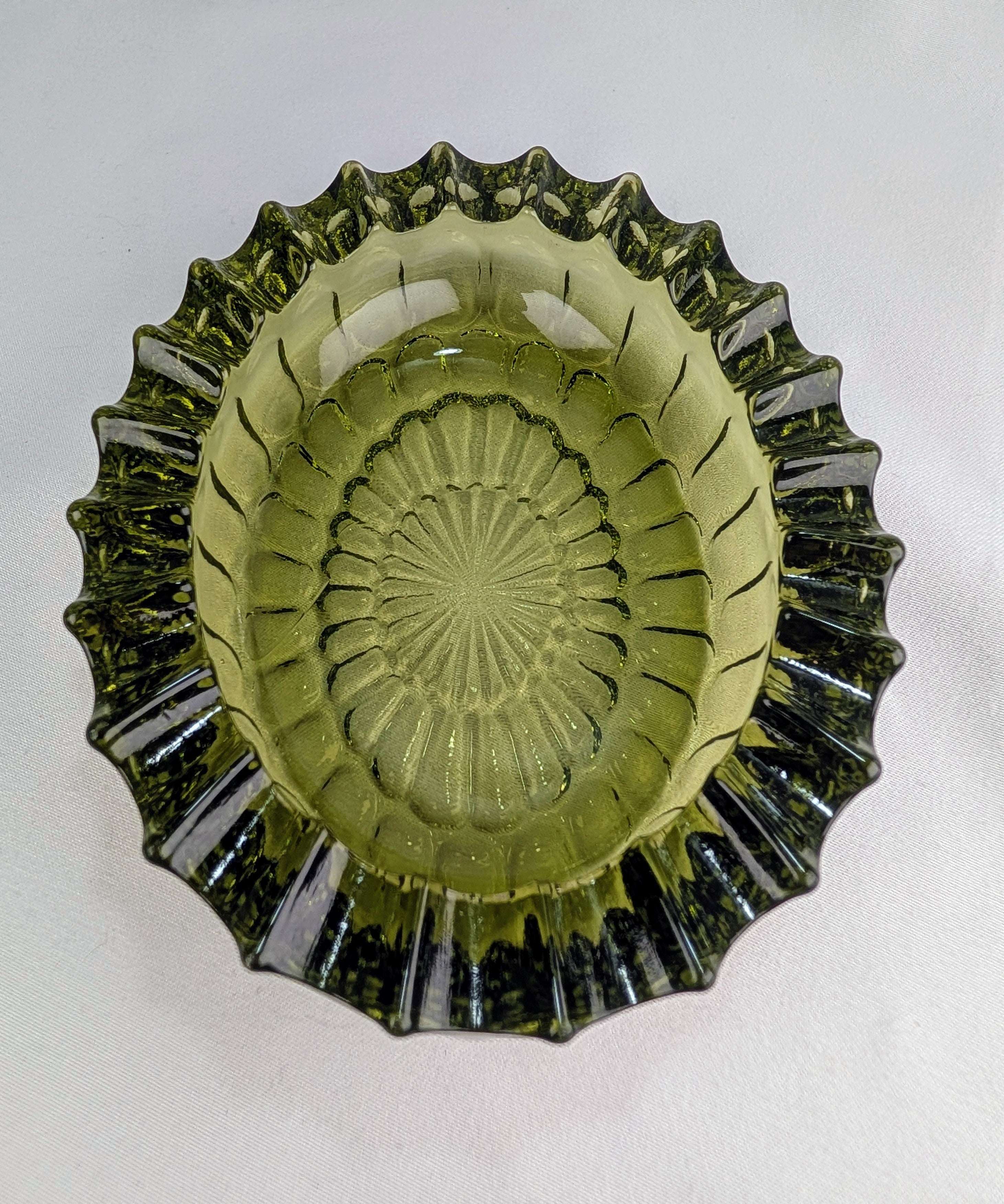 Vintage Olive Green Frostia Style Pressed Glass Trinket Dish Catchall Bowl Ashtray