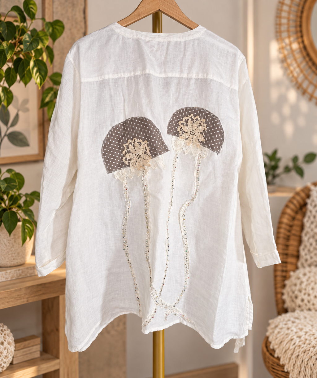Ginny Couture White Linen Oversized Tunic Blouse Mixed Media Jellyfish Appliqué