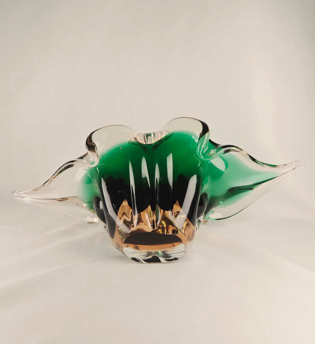 Large Sculptural Sommerso Art Glass Bowl – Emerald Green & Blush 12” Centerpiece