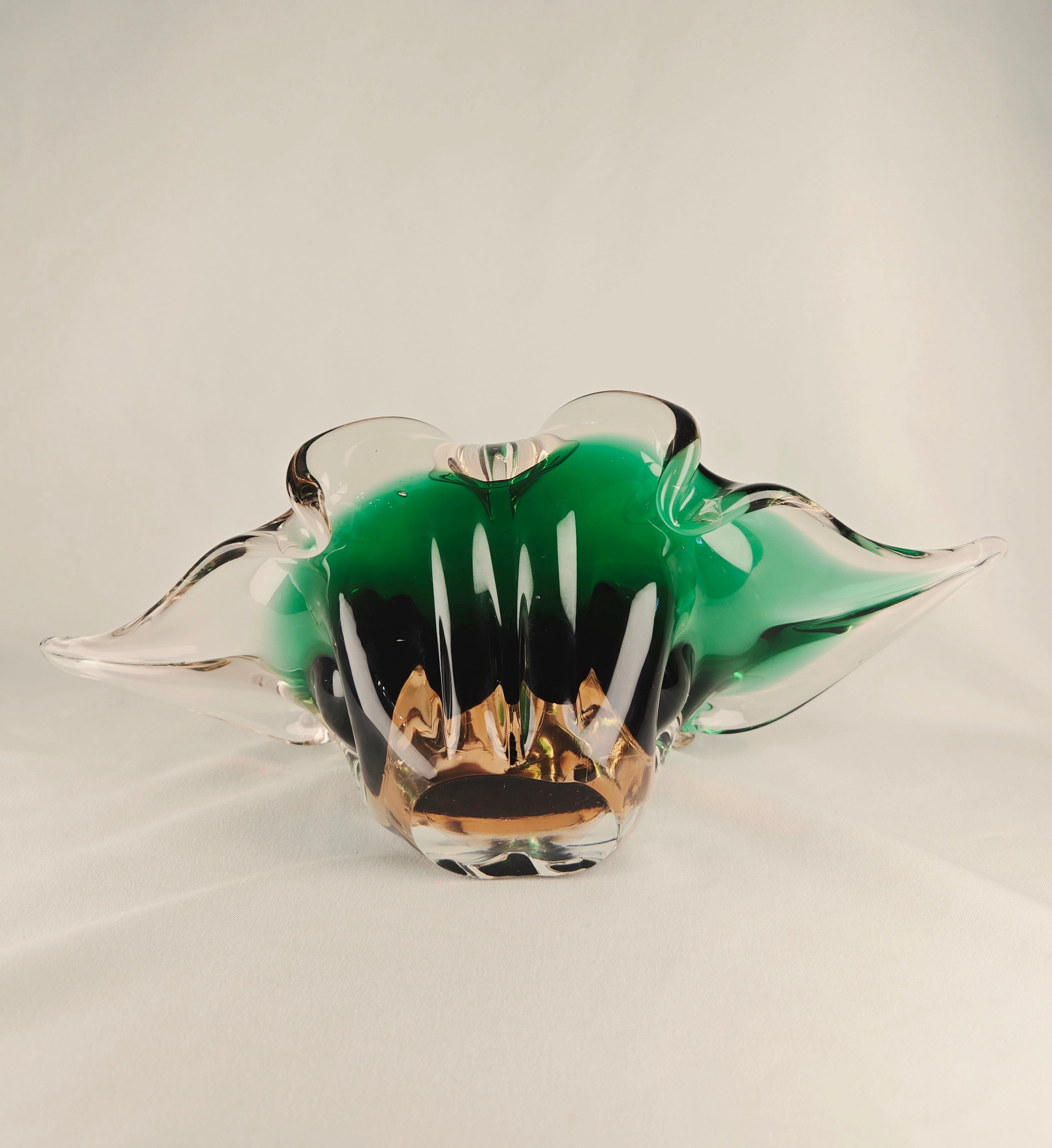 Large Sculptural Sommerso Art Glass Bowl – Emerald Green & Blush 12” Centerpiece