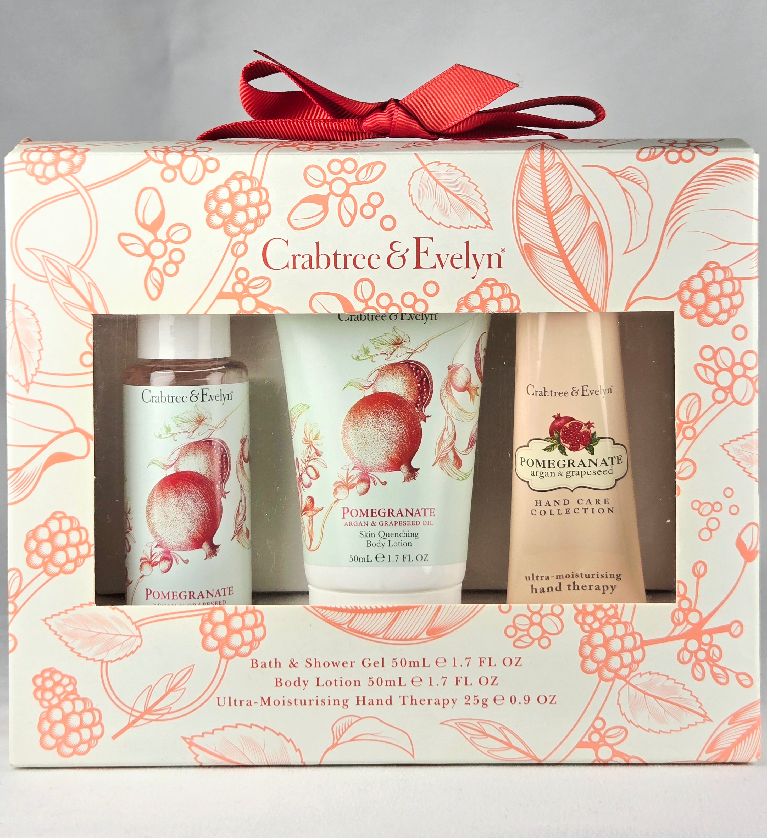 Crabtree & Evelyn Pomegranate Hand Care Gift Set Bath Shower Gel Body Lotion Hand Therapy Argan & Grapeseed