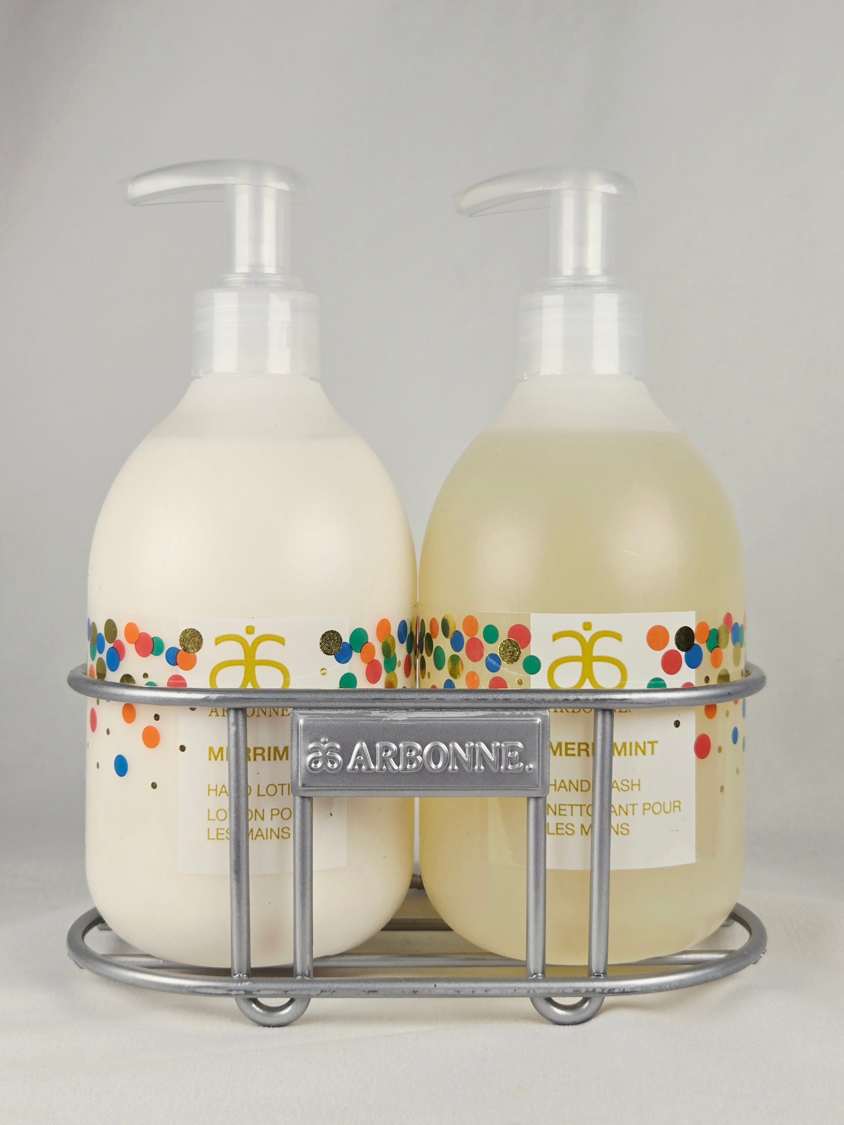 Arbonne MerryMint Hand Wash & Hand Lotion Set with Metal Caddy Holiday Edition Peppermint Duo