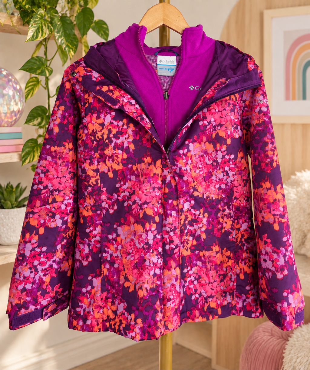 Columbia Girls Interchange 3-in-1 Floral Jacket with Fleece Liner — Size Large