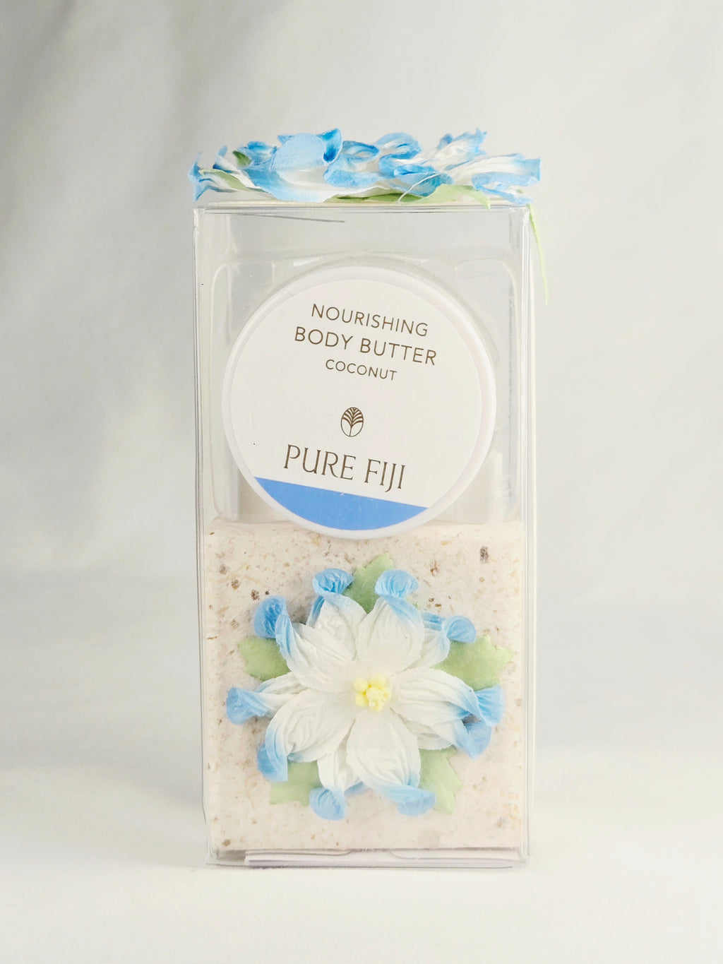 Pure Fiji Coconut Nourishing Body Butter Gift Set – Tropical Spa Box with Decorative Floral Soap