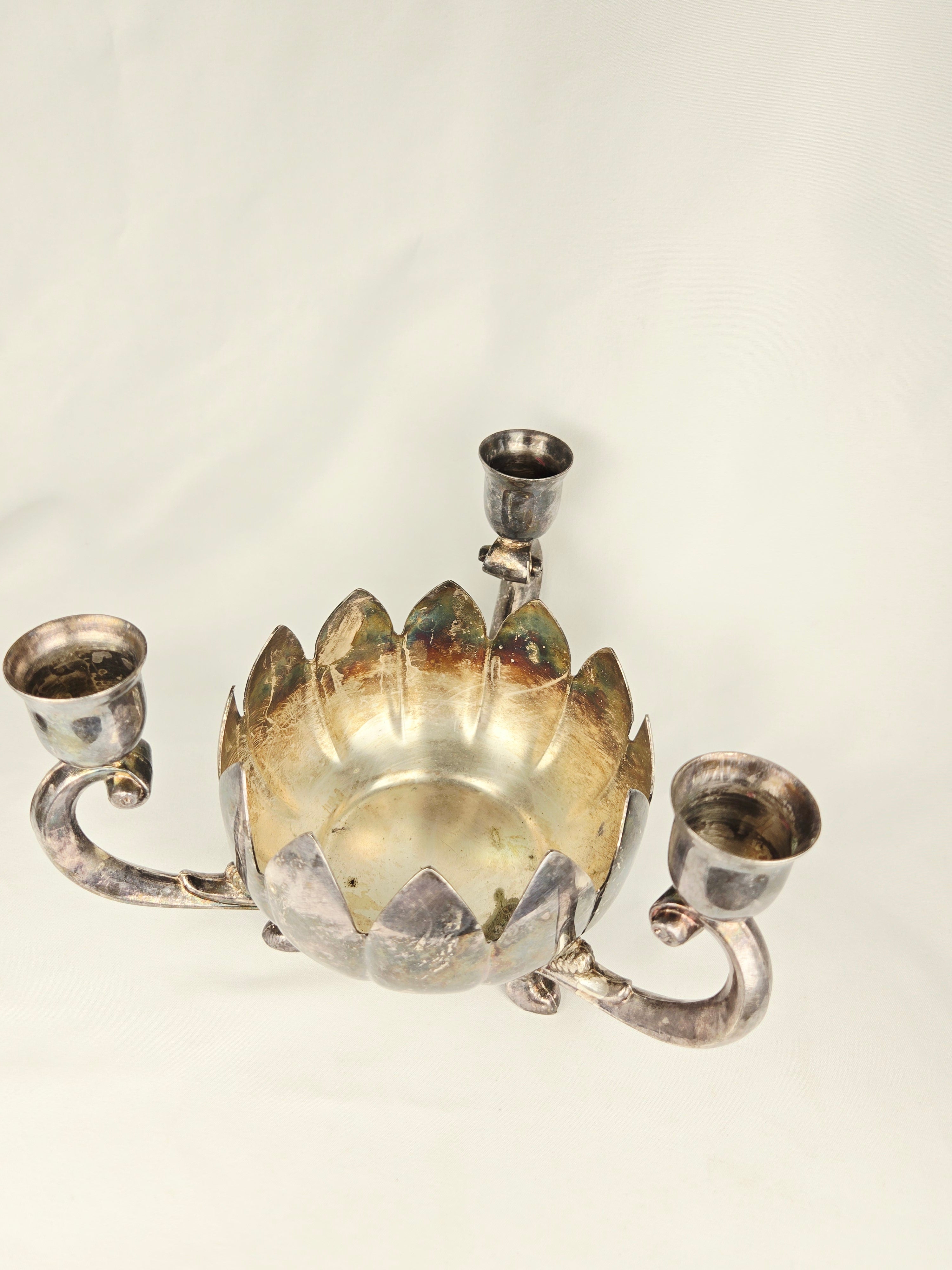 Leonard Silver Plate Lotus Candle Holder Centerpiece | Vintage Triple Arm Candelabra Bowl