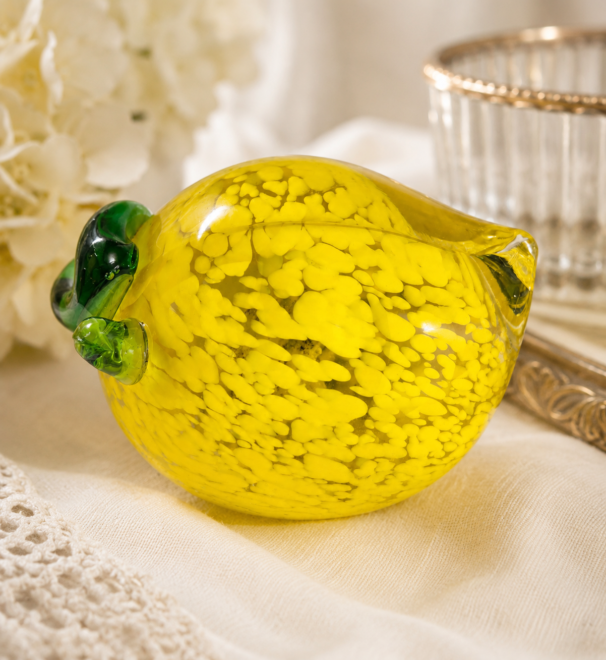 Vintage Hand Blown Art Glass Lemon Paperweight Yellow Green Decorative Fruit Figurine