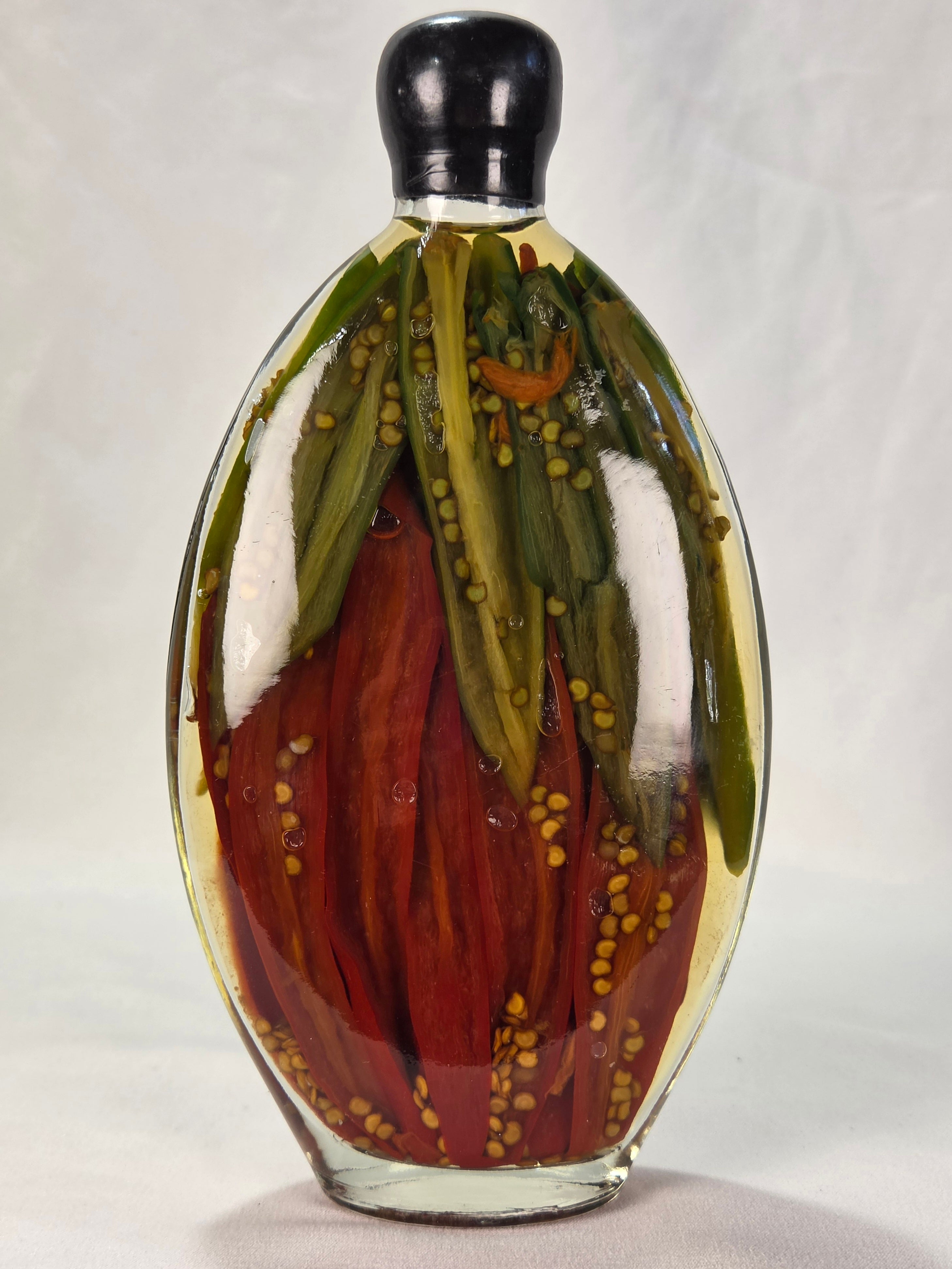 Vintage Decorative Pepper Bottle | Preserved Chili Peppers in Oil | Folk Art Kitchen Decor | 7.5" Glass Bottle