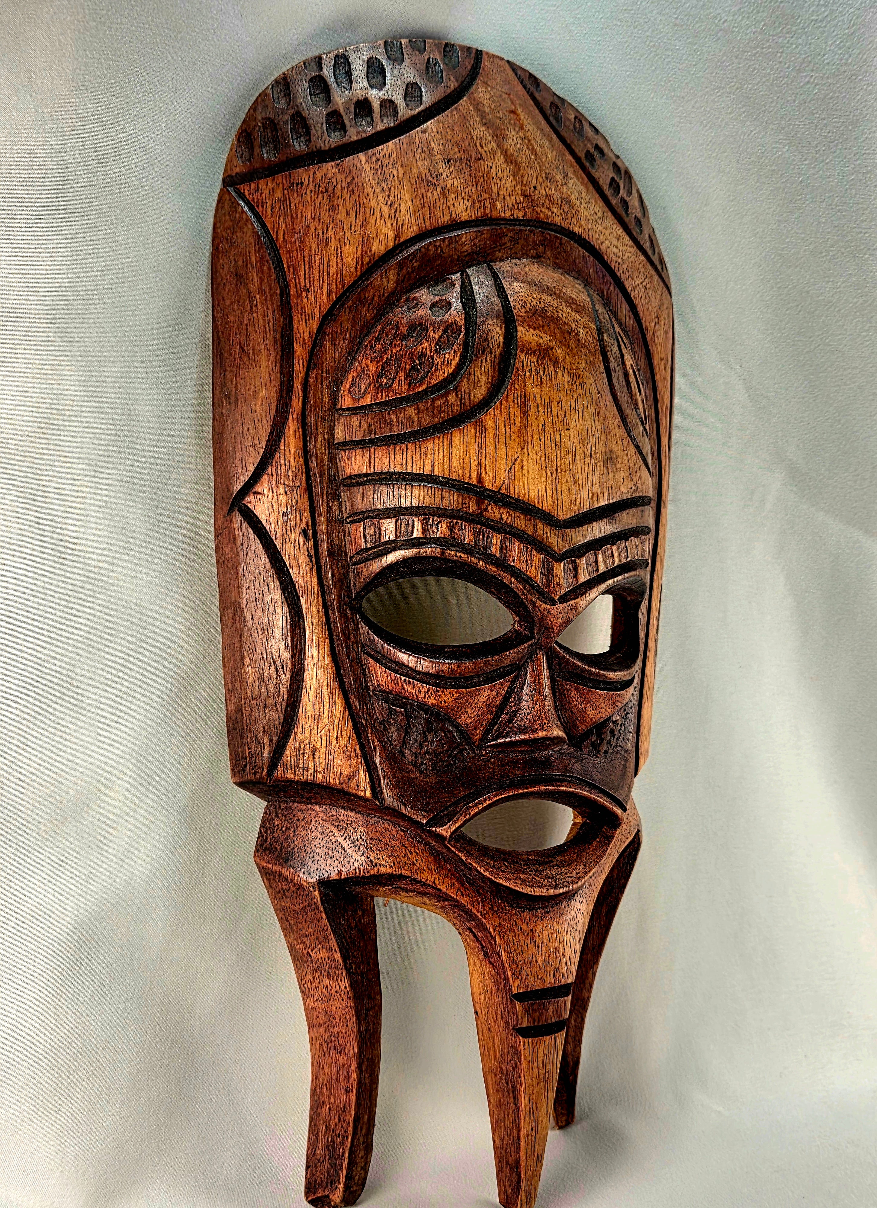 Hand Carved Wooden Tribal Wall Mask 14" Folk Art Decorative Wall Hanging Vintage