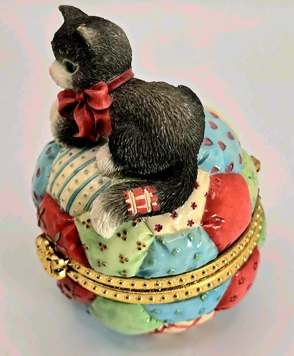 1997 Priscilla Hillman Patchwork Kitten Trinket Box Enesco Keepsake Jewelry Box