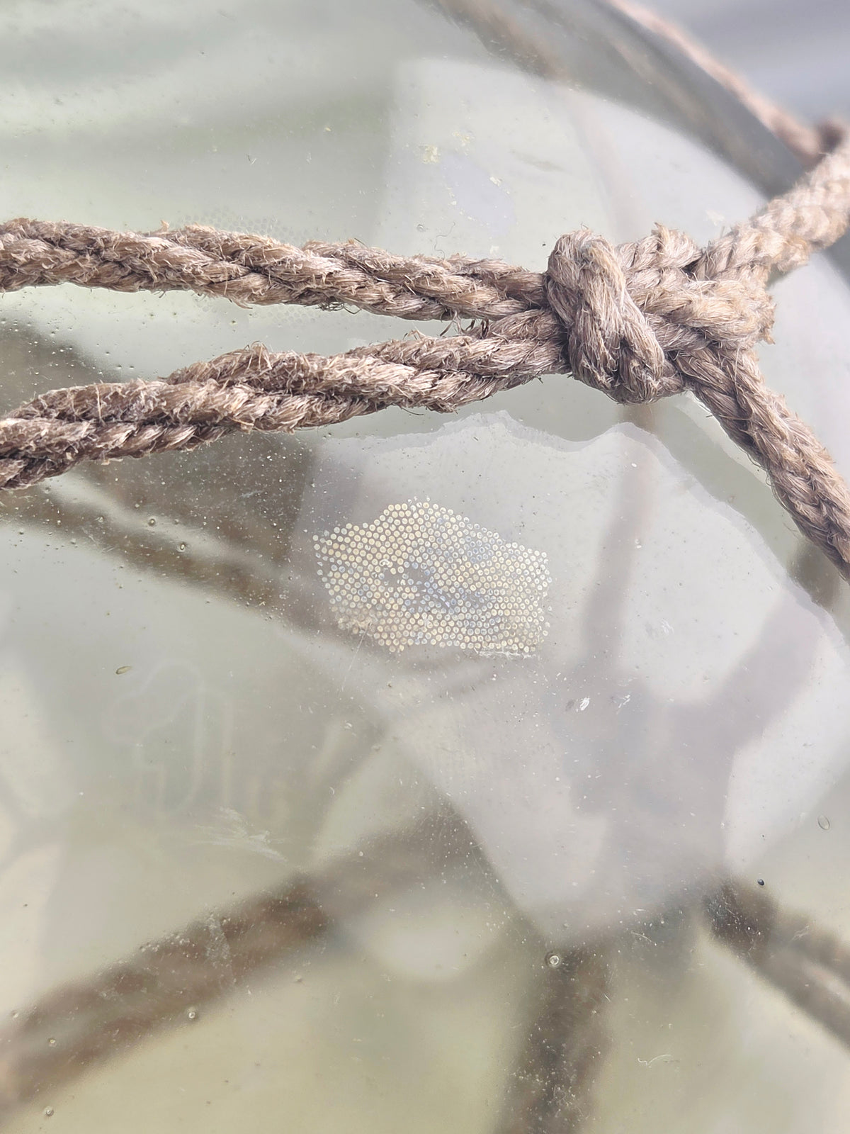 Vintage Light Amber Glass Fishing Float with Rope Netting – 7" Maritime Buoy with Internal Sea Mist Patina Hand Blown