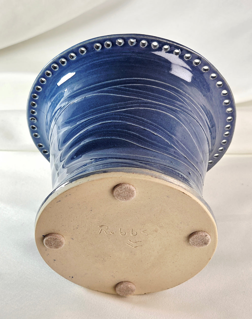 Signed Robbs Studio Pottery Pansy Ring Flower Frog Vase – Blue Bird Relief