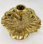 Vintage Heavy Cast Brass-Plated Floral Chamberstick Candle Holders Set of 2 | 6" Gold Tone Flower Candlesticks
