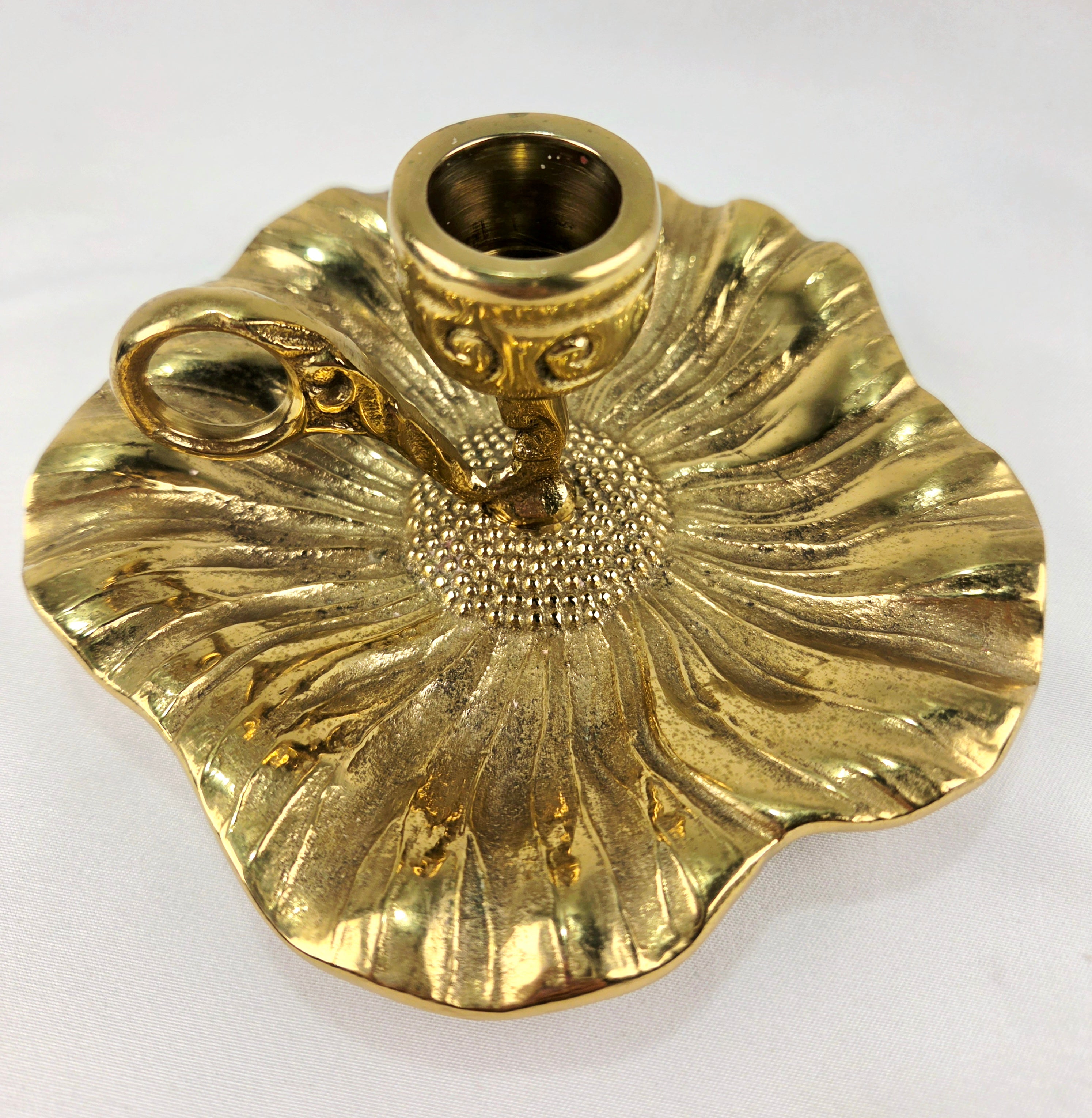Vintage Heavy Cast Brass-Plated Floral Chamberstick Candle Holders Set of 2 | 6" Gold Tone Flower Candlesticks