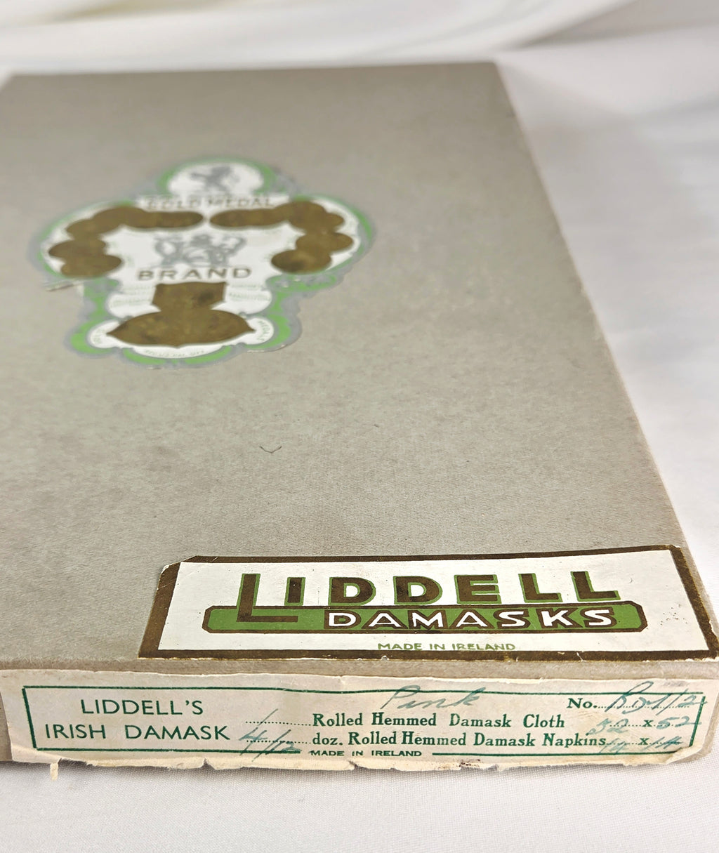 Vintage Liddell’s Irish Floral Damask Pink Egyptian Cotton & Acetate Tablecloth & Napkin Set - Made in Ireland NOS Rare