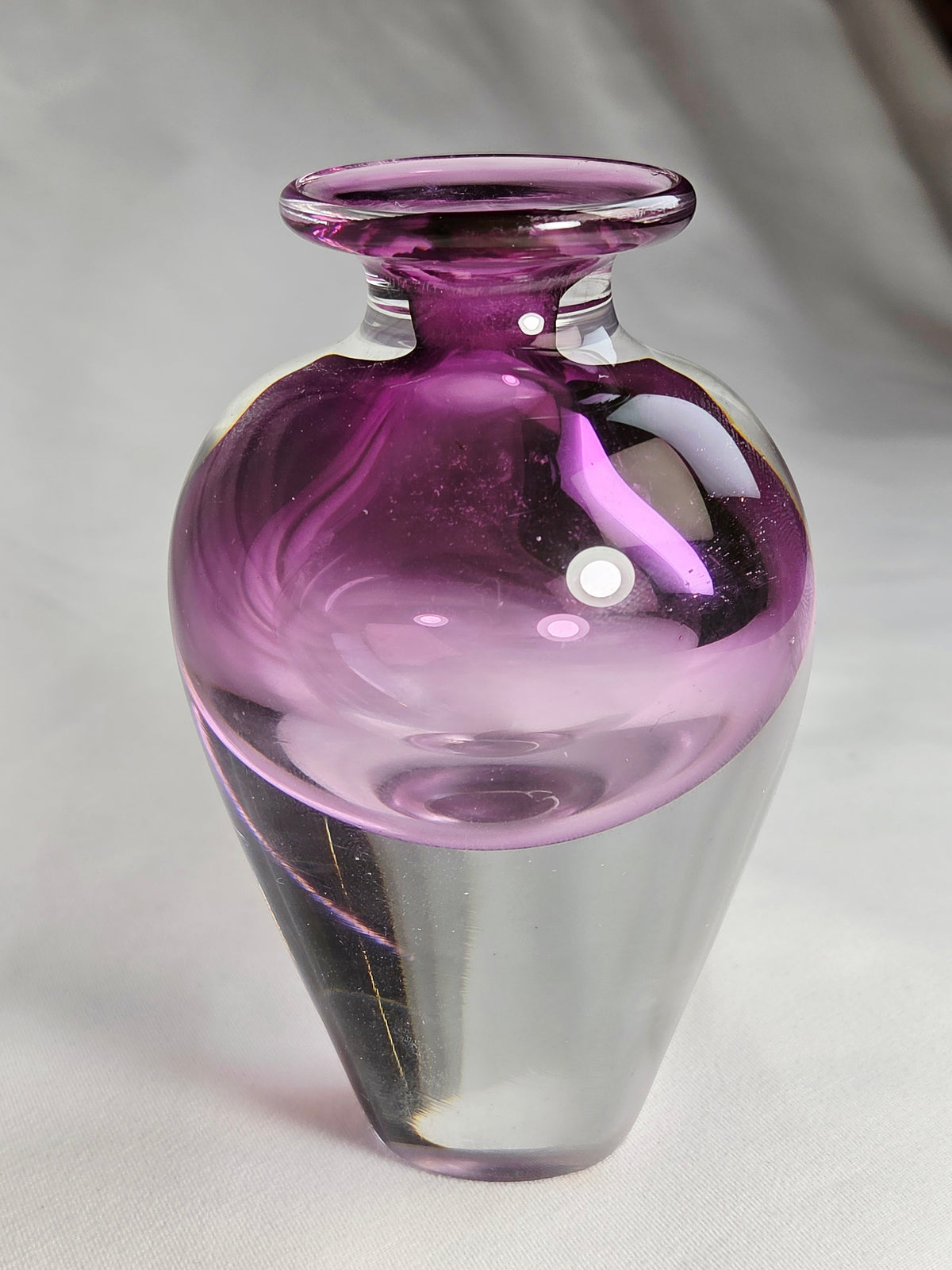 Vintage Signed R. Strand Swedish Art Glass Bud Vase 3.5" Amethyst Purple Clear MCM
