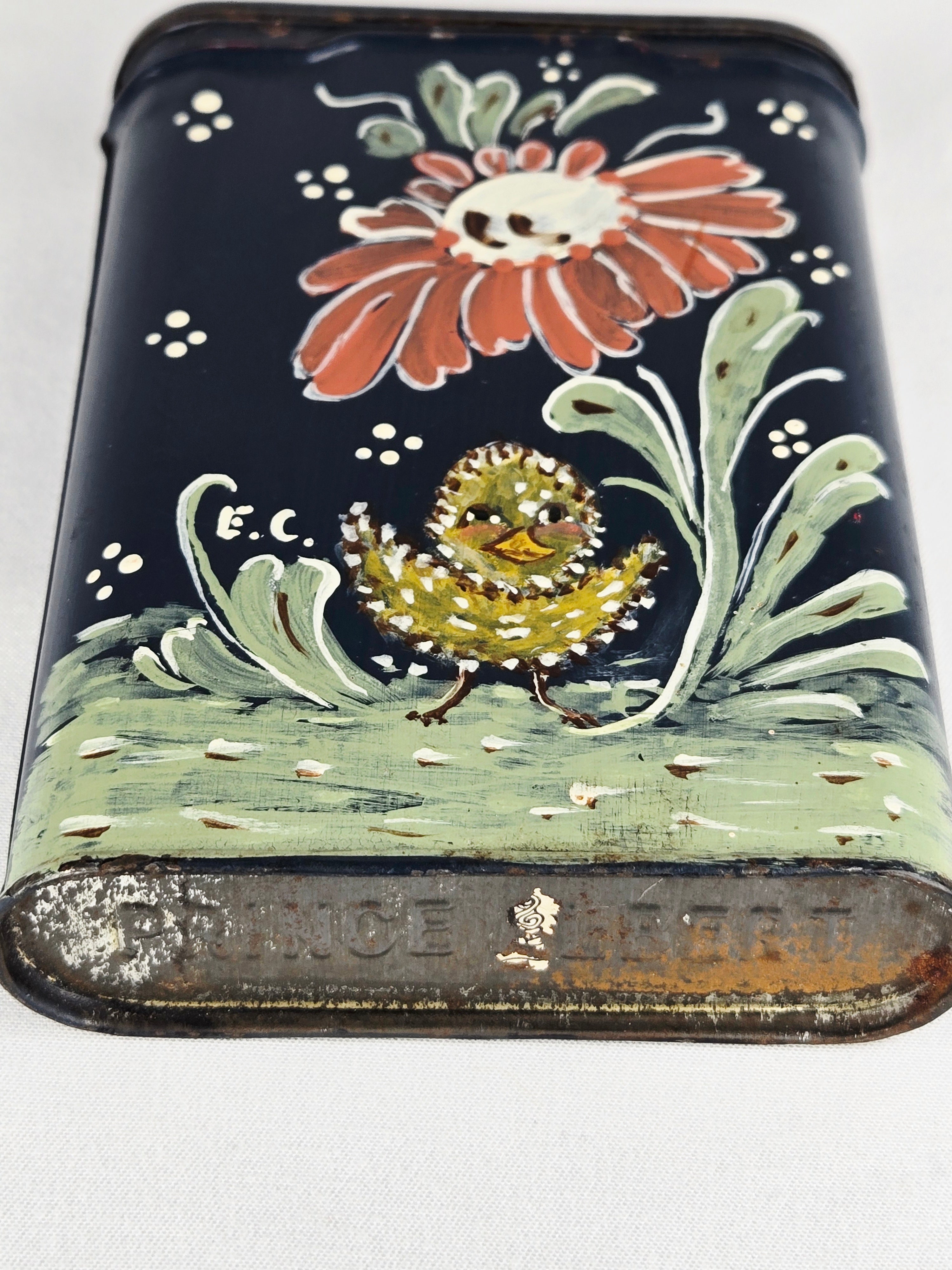 Prince Albert Vintage Tobacco Tin — Signed E.C. Hand-Painted Folk Art Hearth Decor