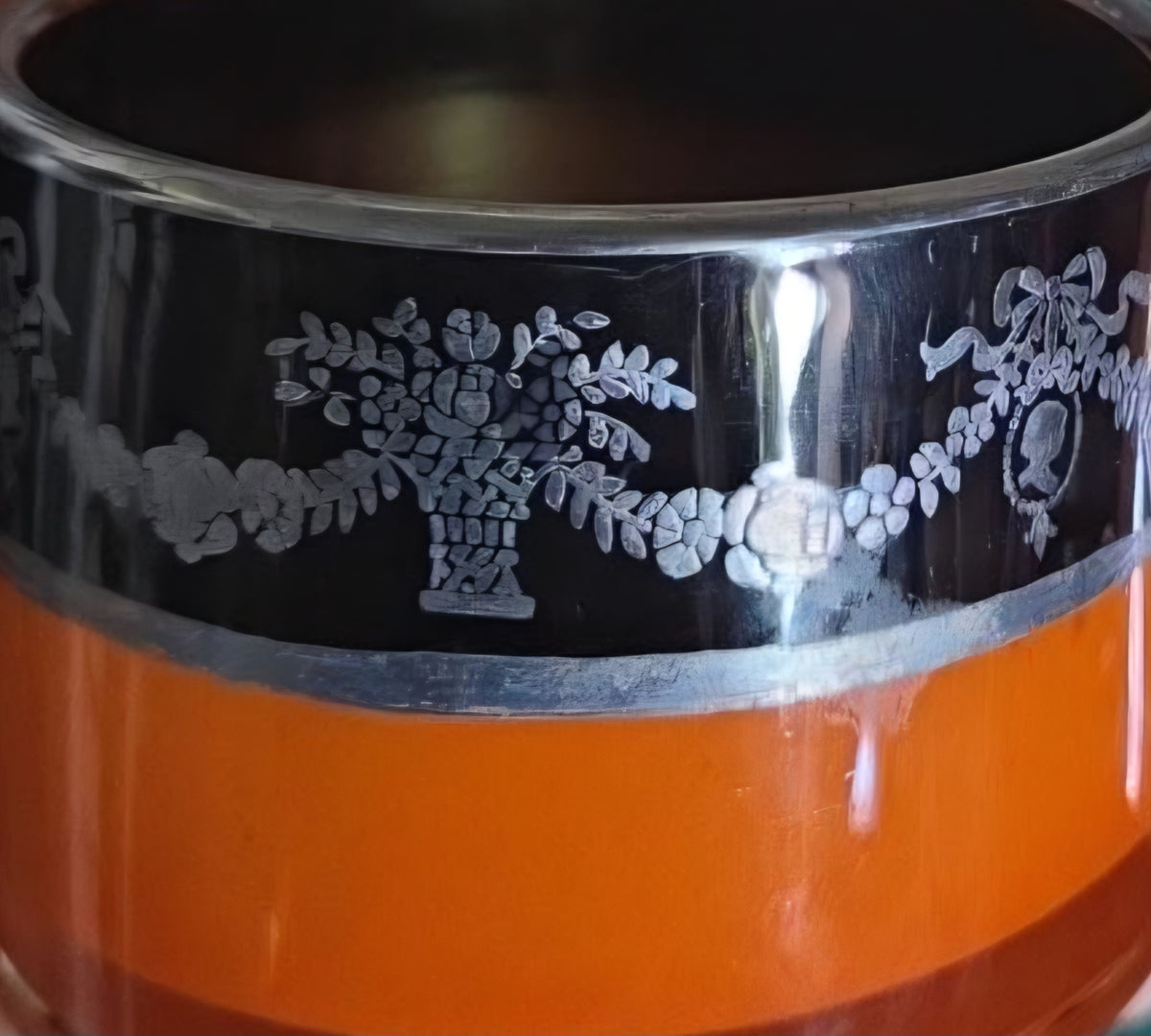 Vintage Orange Black Glass Creamer & Sugar Bowl Set Silver-Tone Floral Overlay