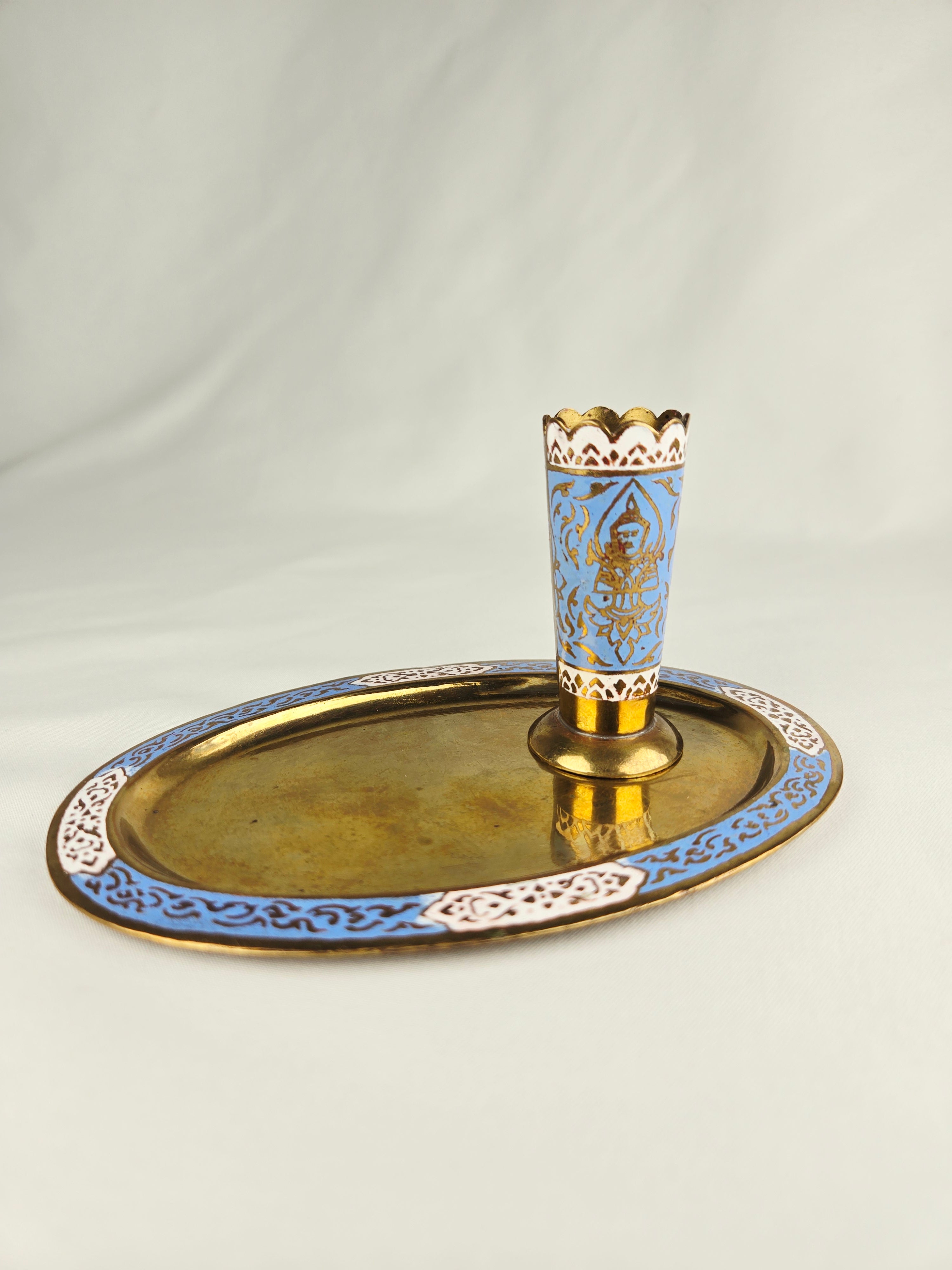 Thialand Blue Enamel & Brass Vintage Condiment Tray with Toothpick Holder – Mid-Century Salt & Pepper Set Base | Hollywood Regency Tableware
