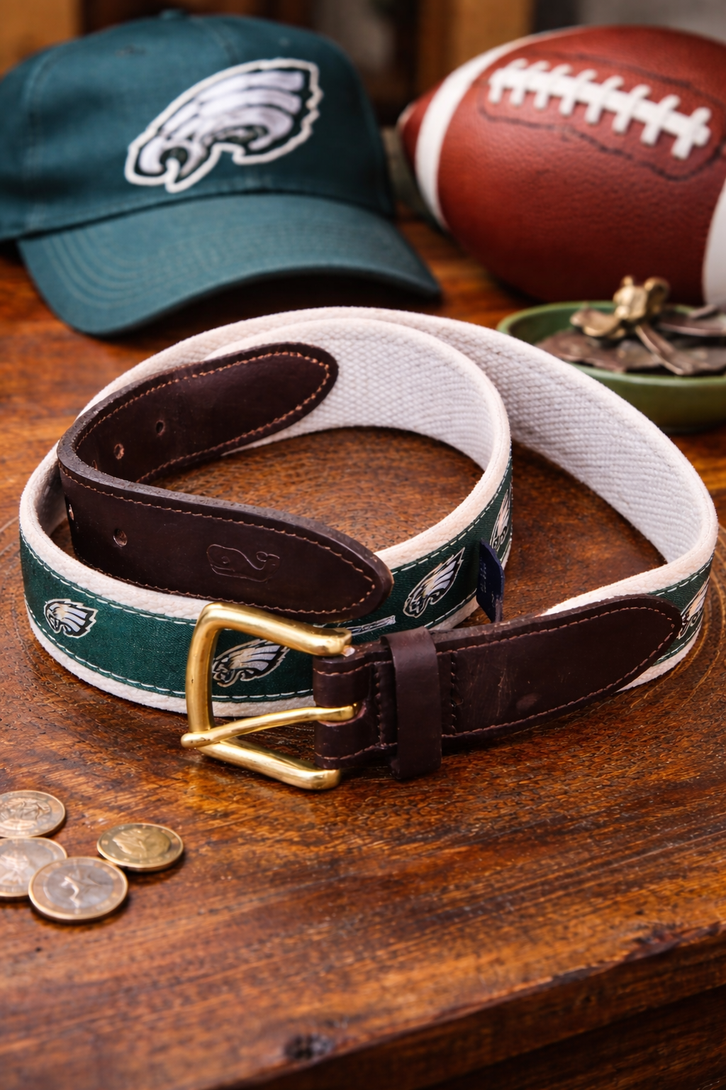 Vineyard Vines Philadelphia Eagles Canvas Belt – Leather & Brass – Size 36